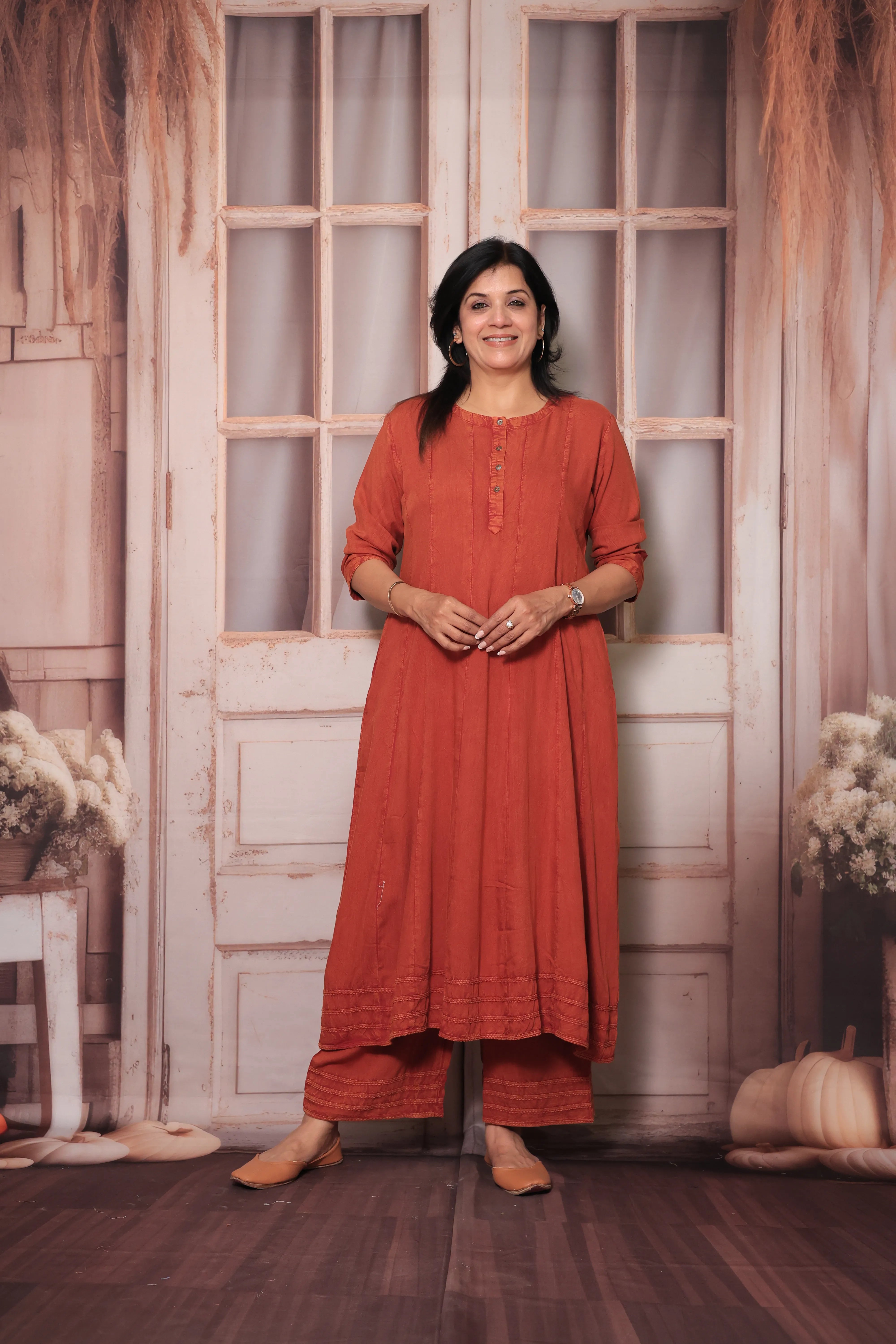 Rust Denim Long A-Line Kurta & Palazzo Co-Ord Set | Trendy Soft Denim Ethnic Wear