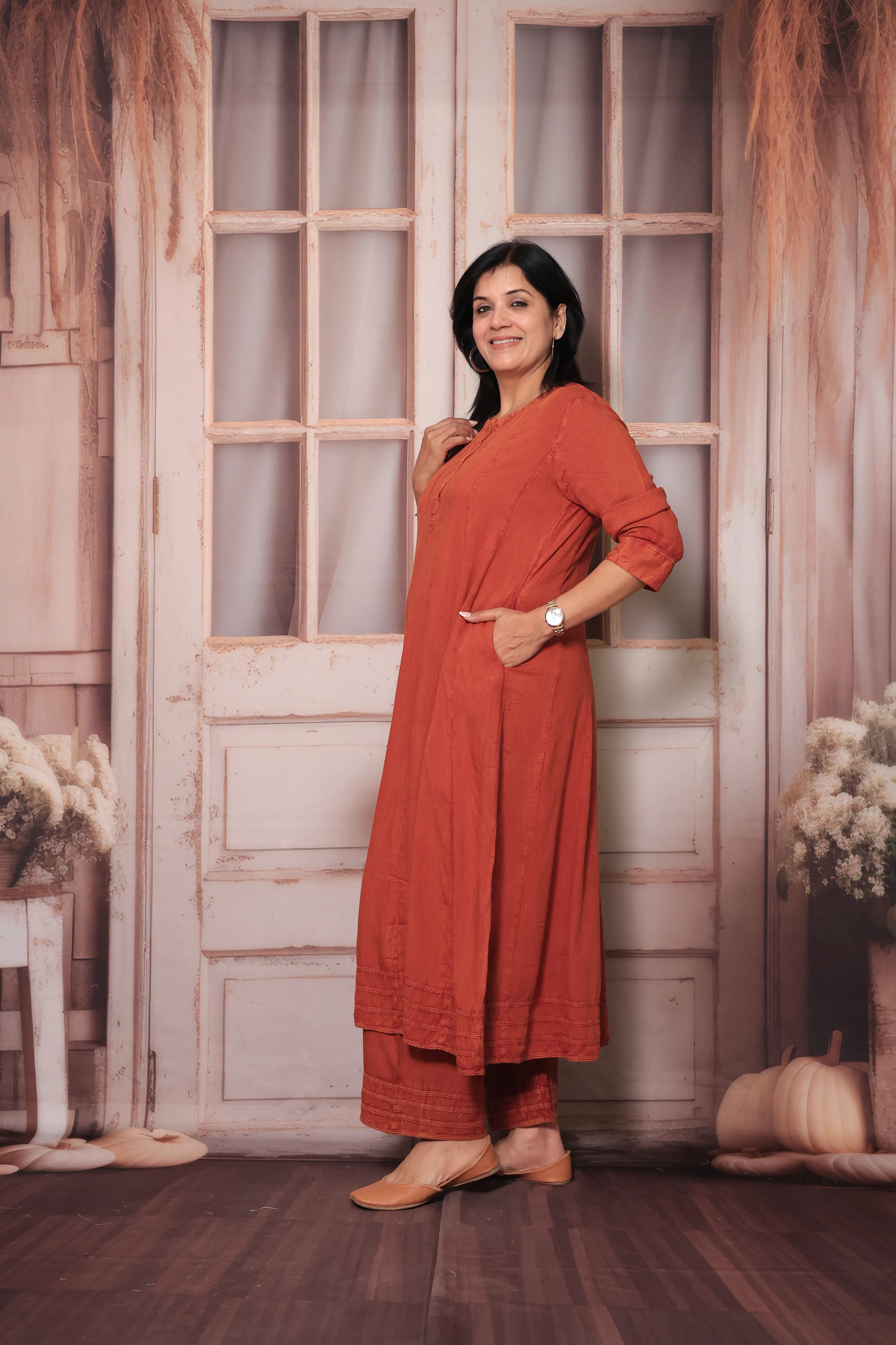 Rust Denim Long A-Line Kurta & Palazzo Co-Ord Set | Trendy Soft Denim Ethnic Wear