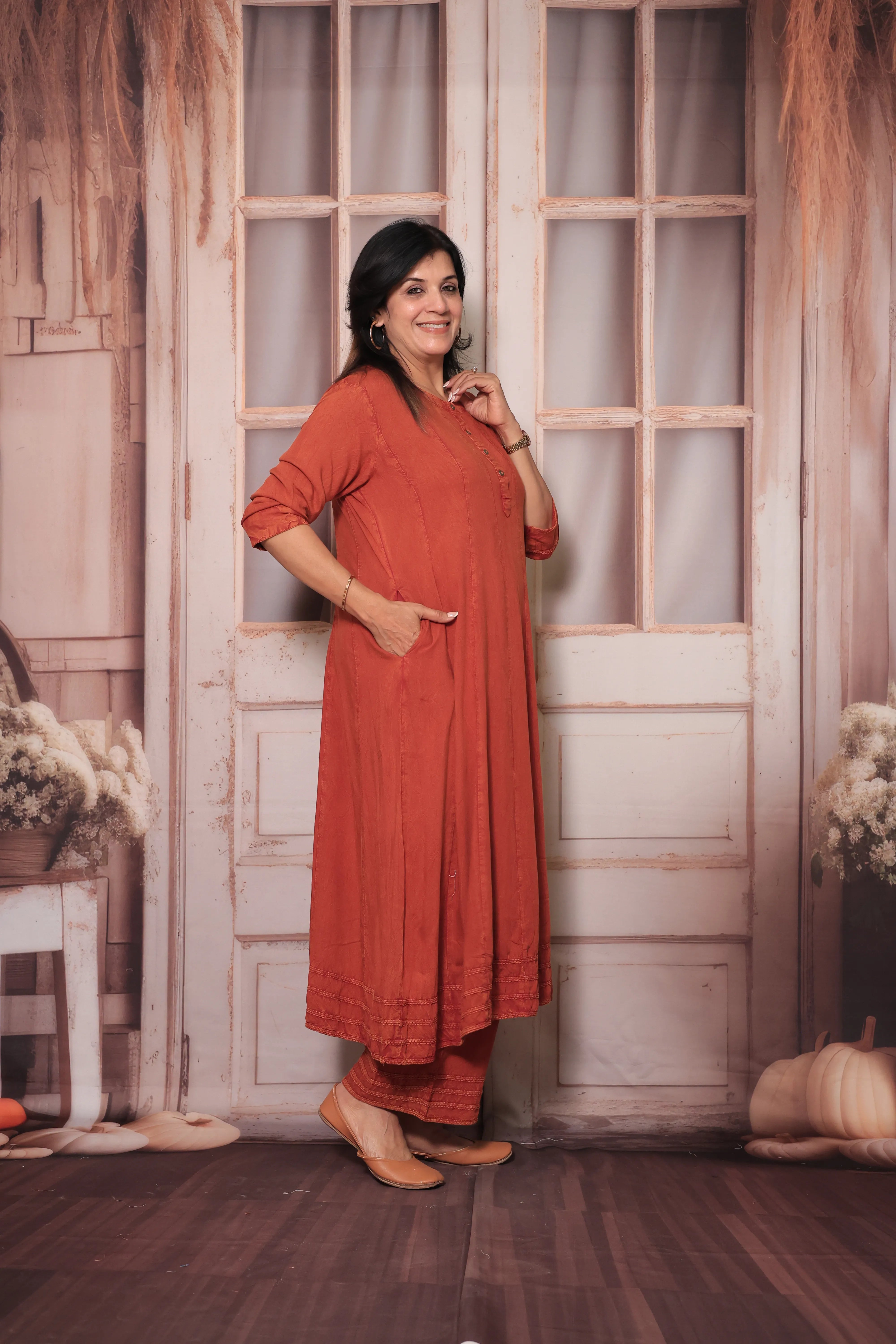 Rust Denim Long A-Line Kurta & Palazzo Co-Ord Set | Trendy Soft Denim Ethnic Wear