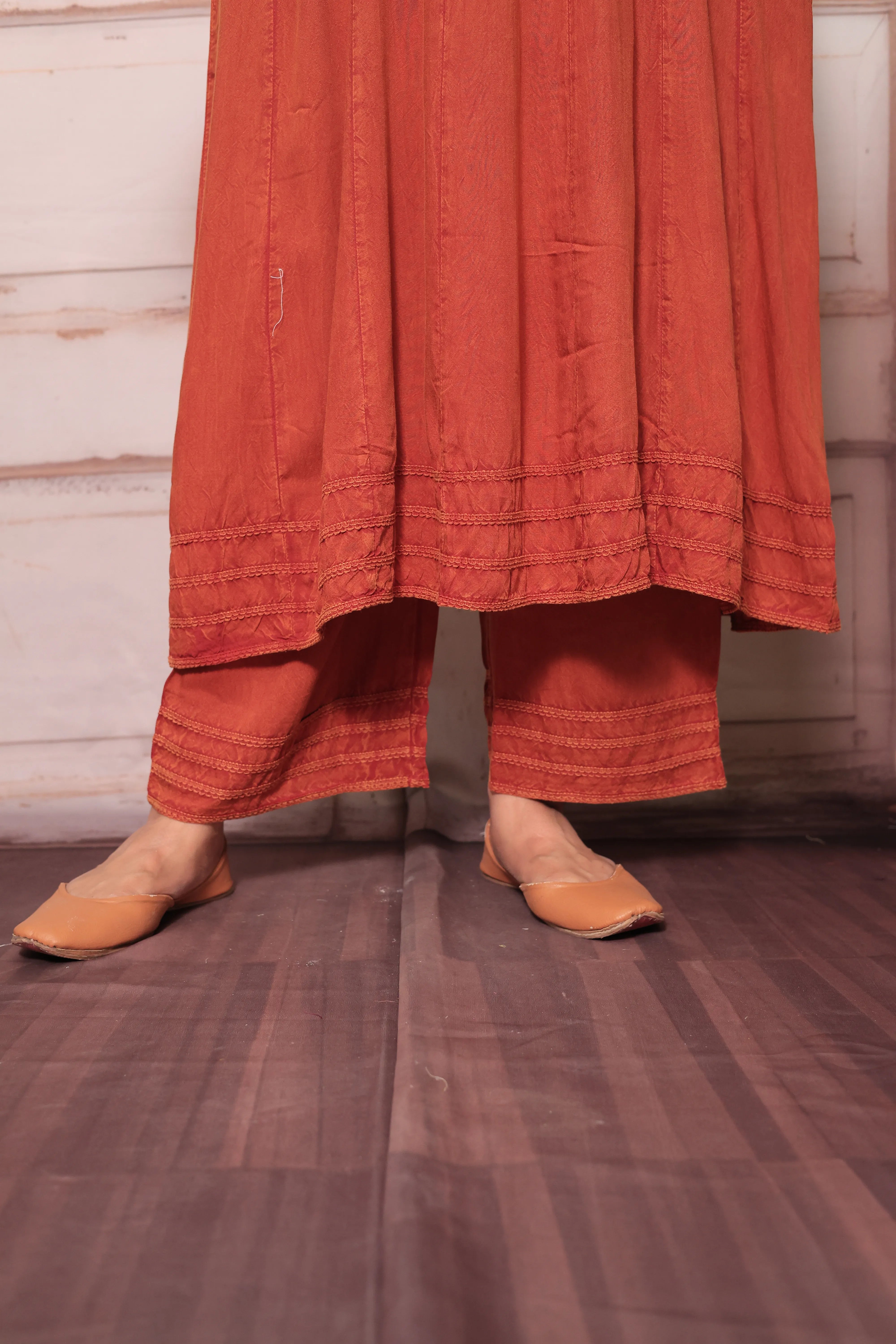 Rust Denim Long A-Line Kurta & Palazzo Co-Ord Set | Trendy Soft Denim Ethnic Wear