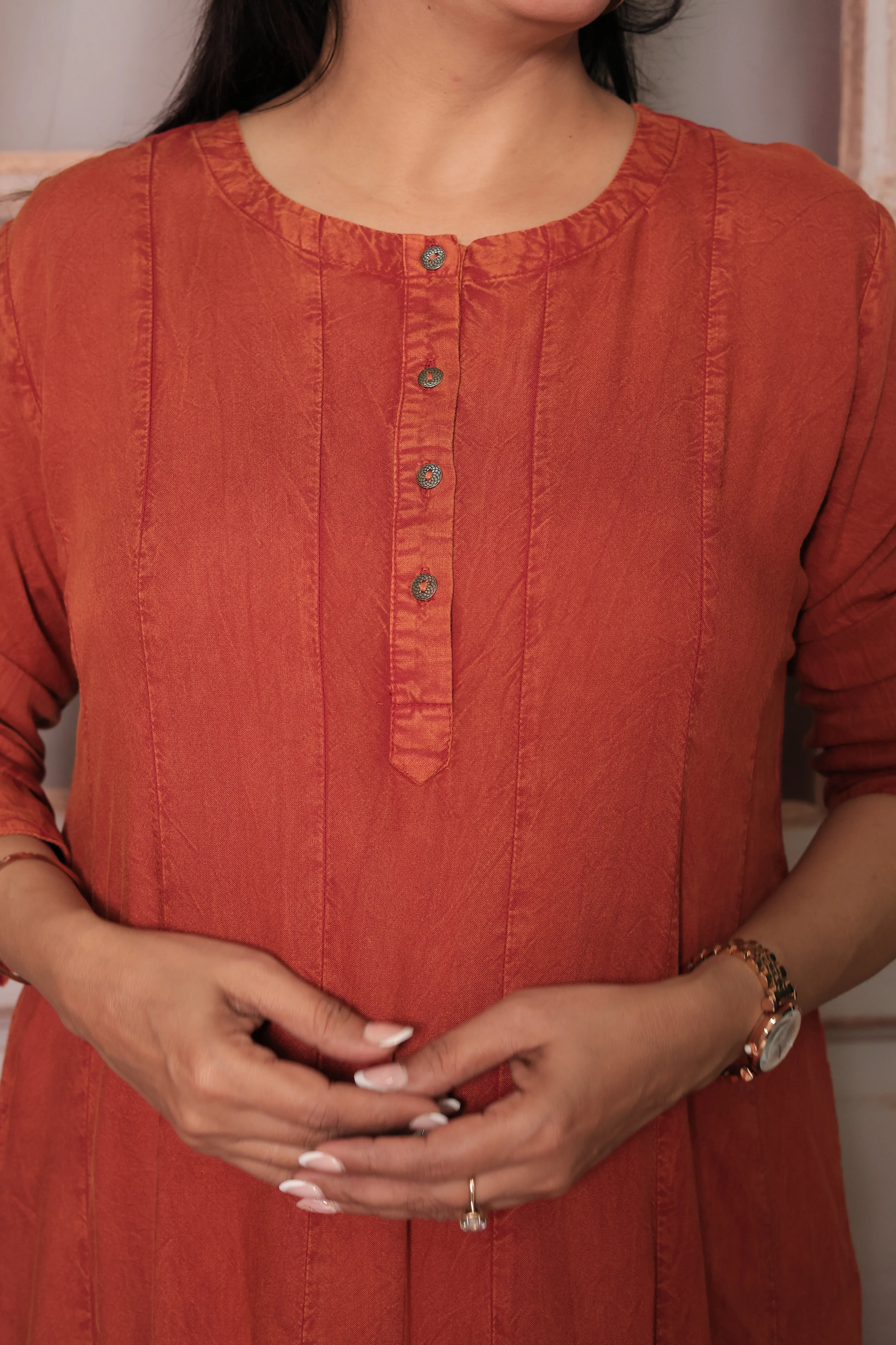 Rust Denim Long A-Line Kurta & Palazzo Co-Ord Set | Trendy Soft Denim Ethnic Wear