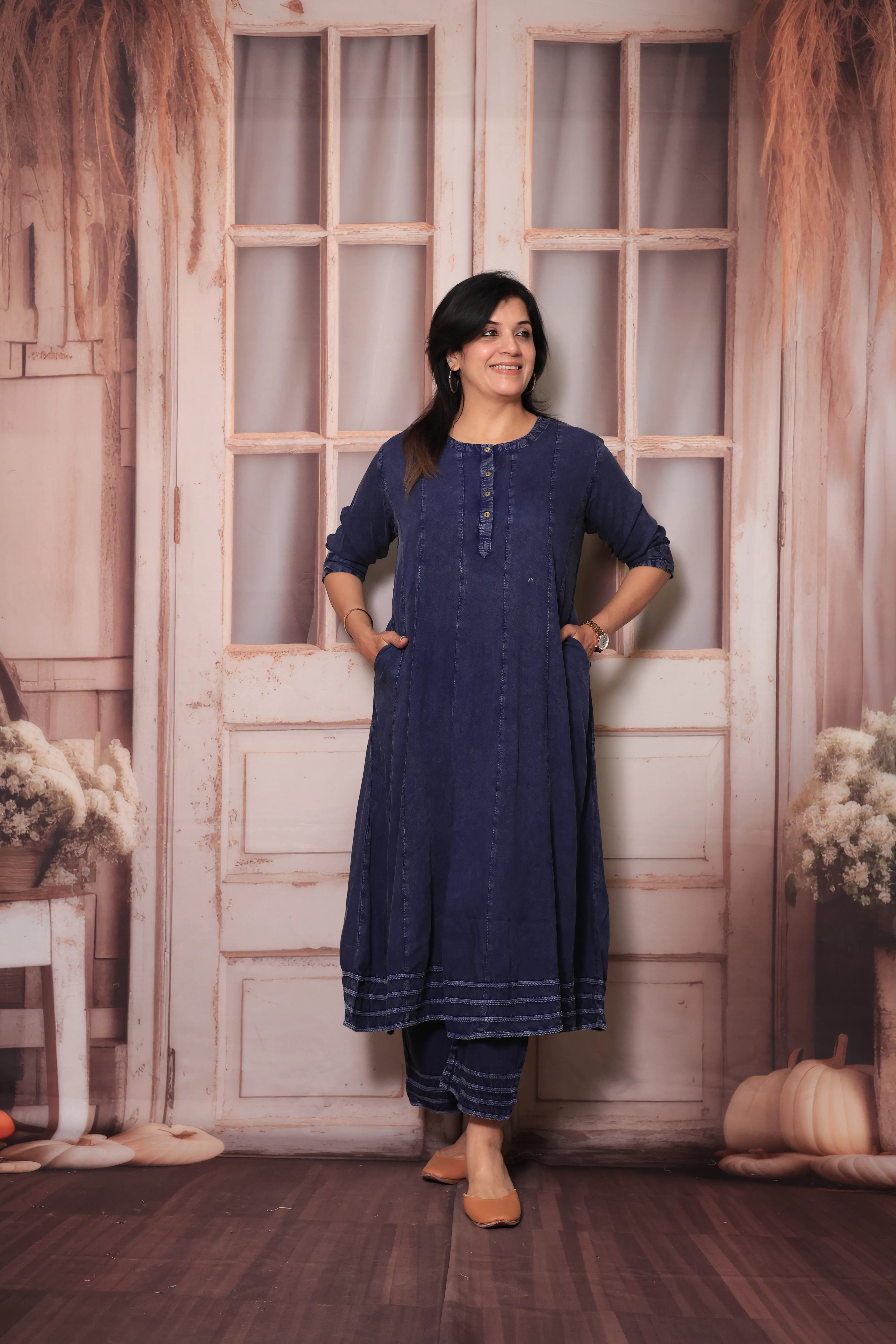 Navy Blue Denim Long A-Line Kurta & Palazzo Co-Ord Set | Trendy Soft Denim Ethnic Wear