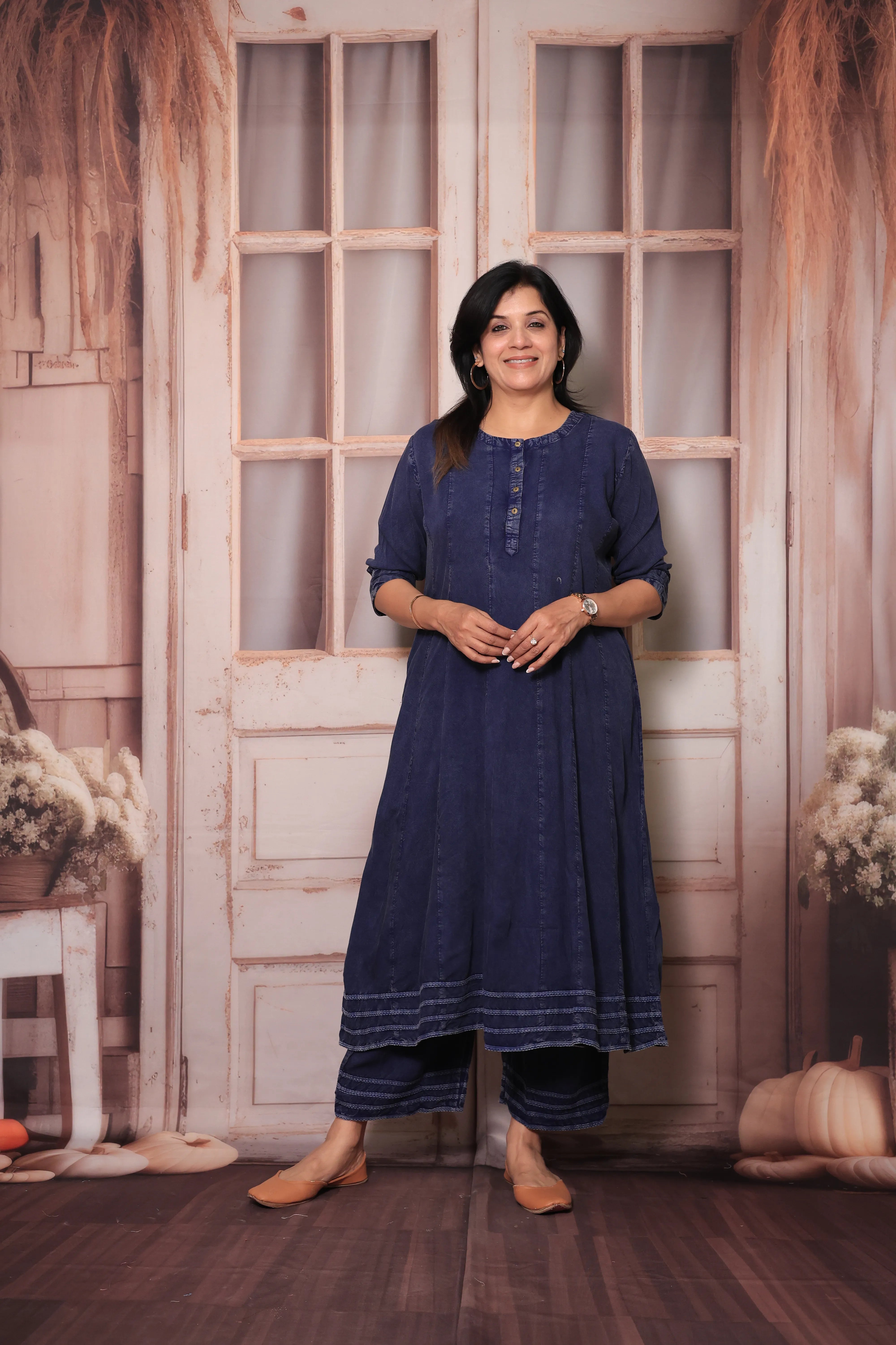 Navy Blue Denim Long A-Line Kurta & Palazzo Co-Ord Set | Trendy Soft Denim Ethnic Wear
