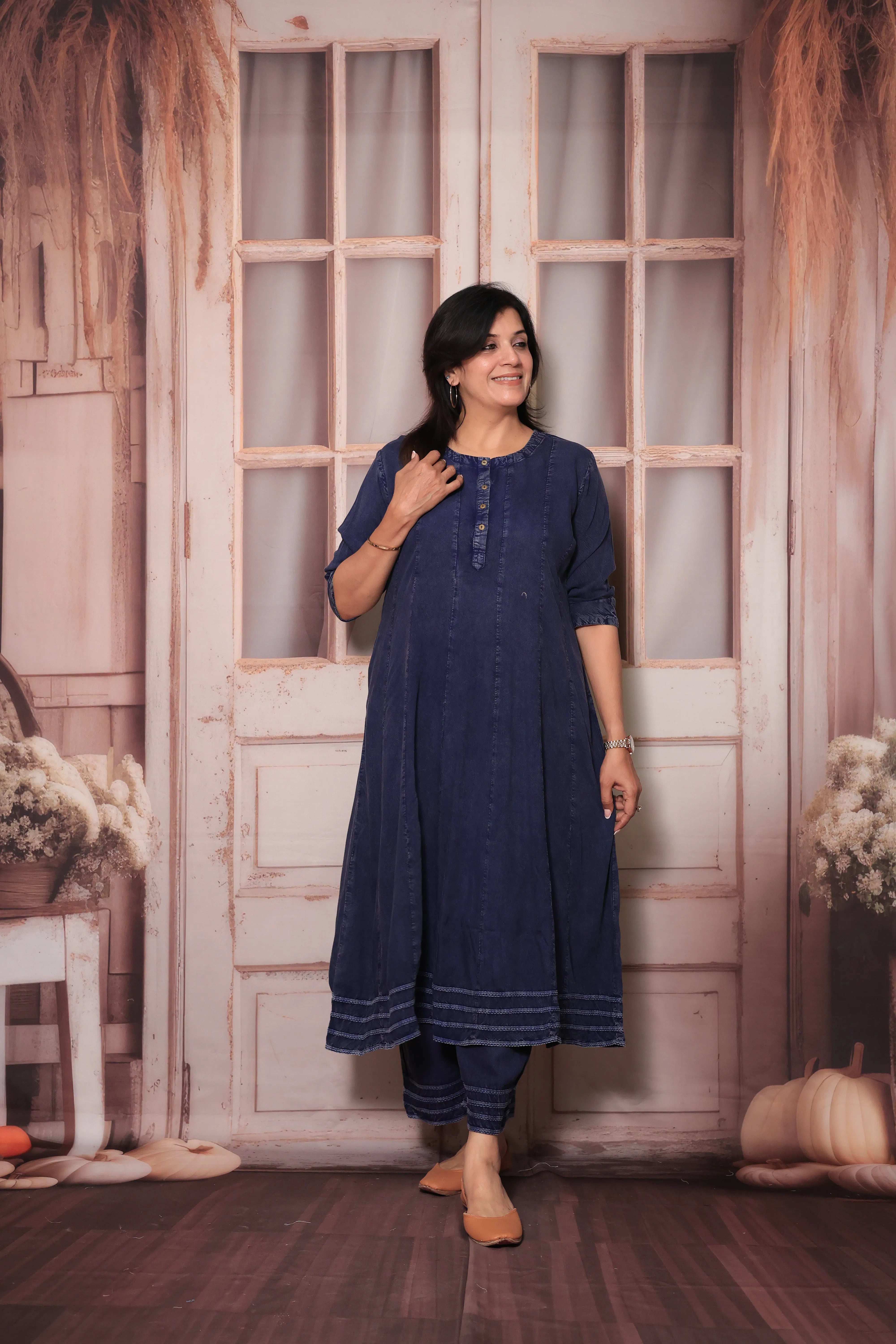 Navy Blue Denim Long A-Line Kurta & Palazzo Co-Ord Set | Trendy Soft Denim Ethnic Wear