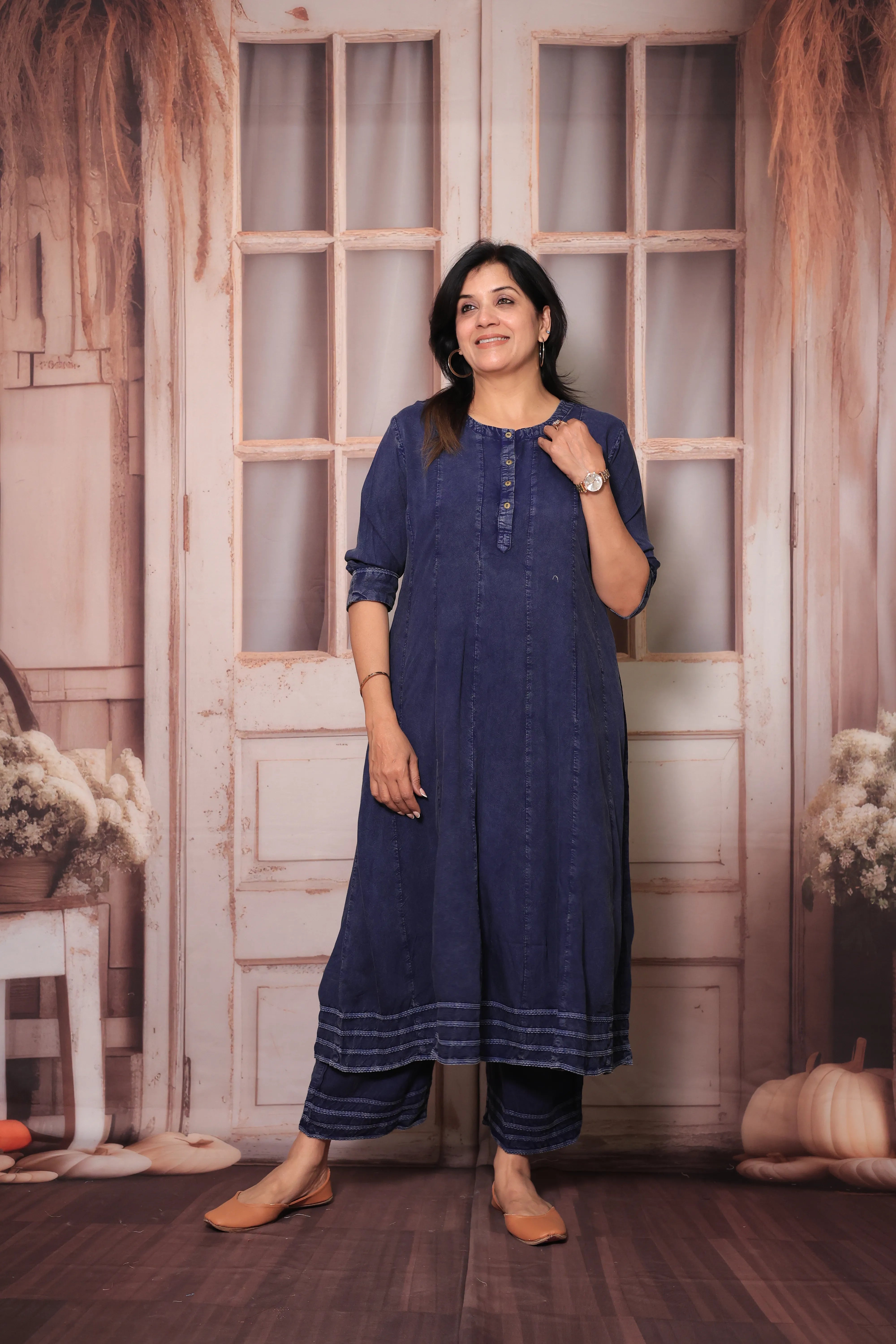 Navy Blue Denim Long A-Line Kurta & Palazzo Co-Ord Set | Trendy Soft Denim Ethnic Wear
