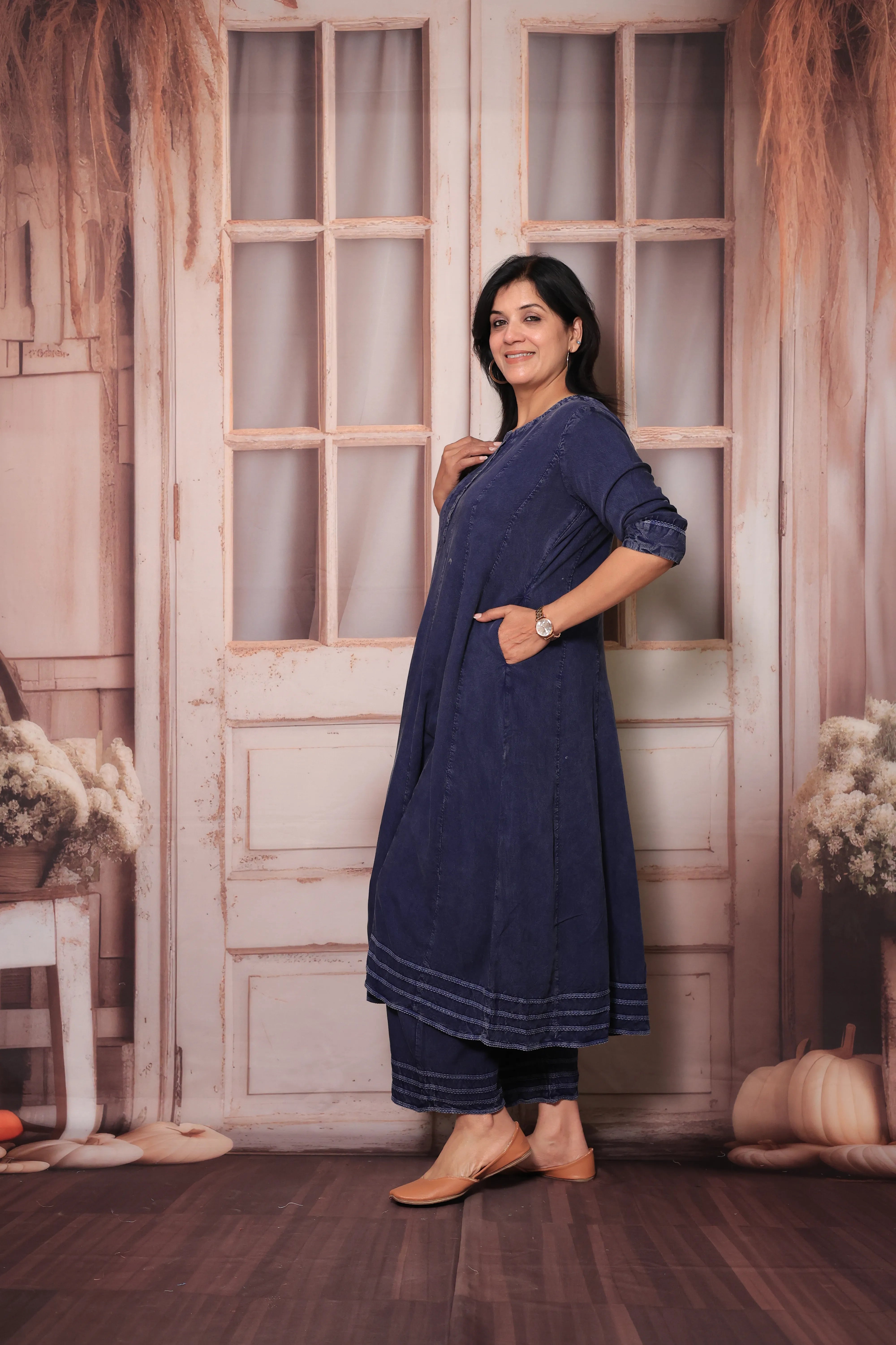 Navy Blue Denim Long A-Line Kurta & Palazzo Co-Ord Set | Trendy Soft Denim Ethnic Wear
