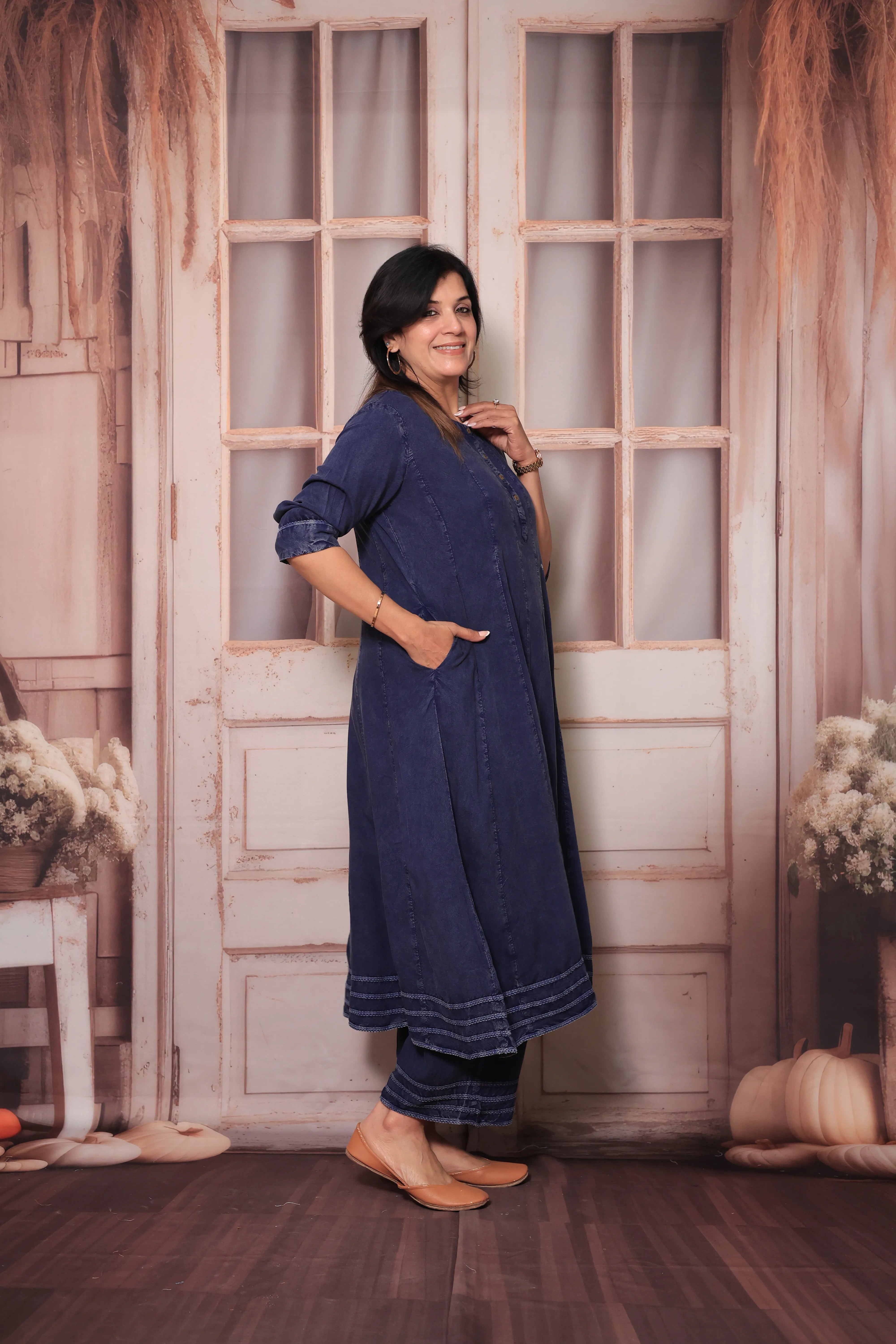 Navy Blue Denim Long A-Line Kurta & Palazzo Co-Ord Set | Trendy Soft Denim Ethnic Wear
