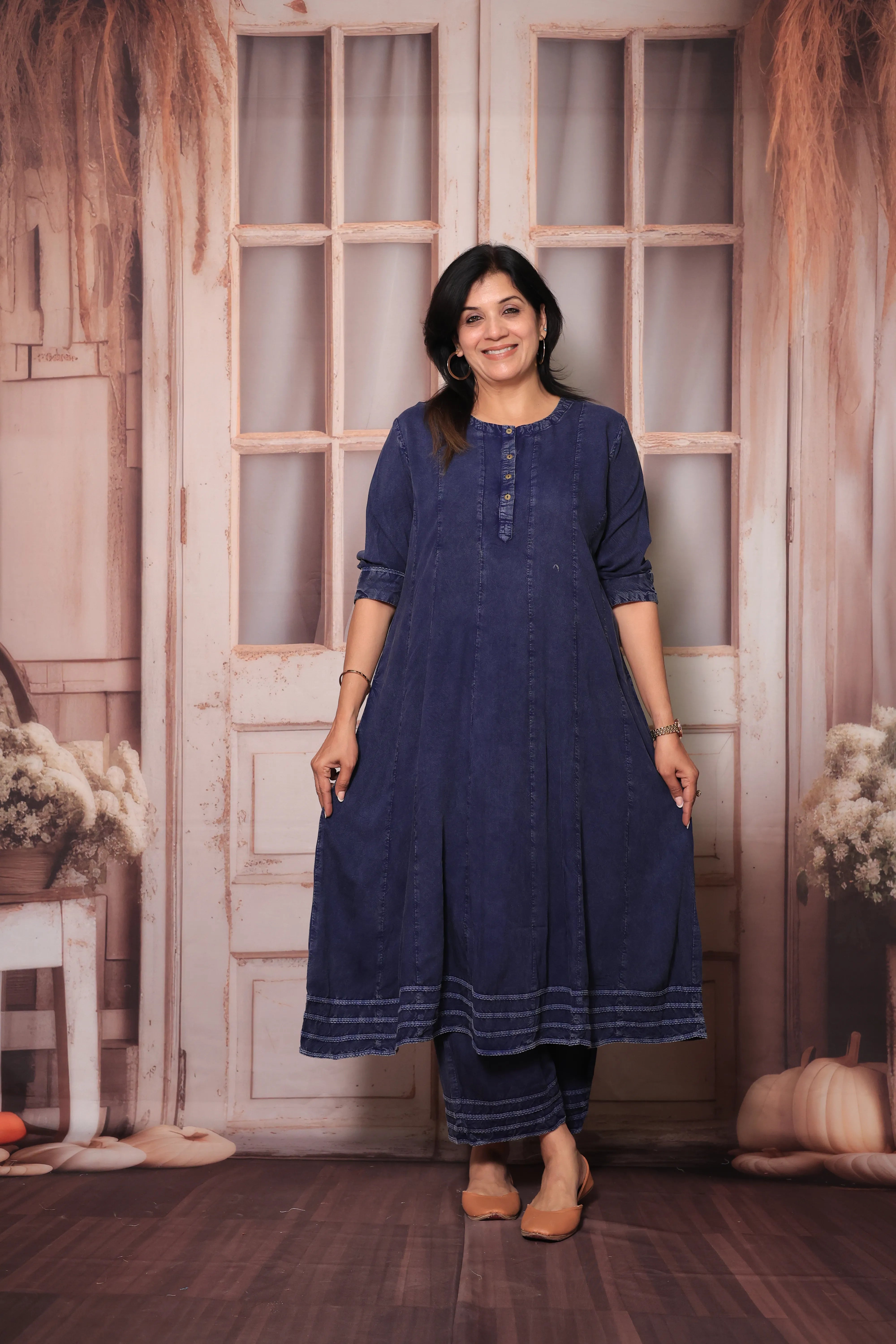 Navy Blue Denim Long A-Line Kurta & Palazzo Co-Ord Set | Trendy Soft Denim Ethnic Wear