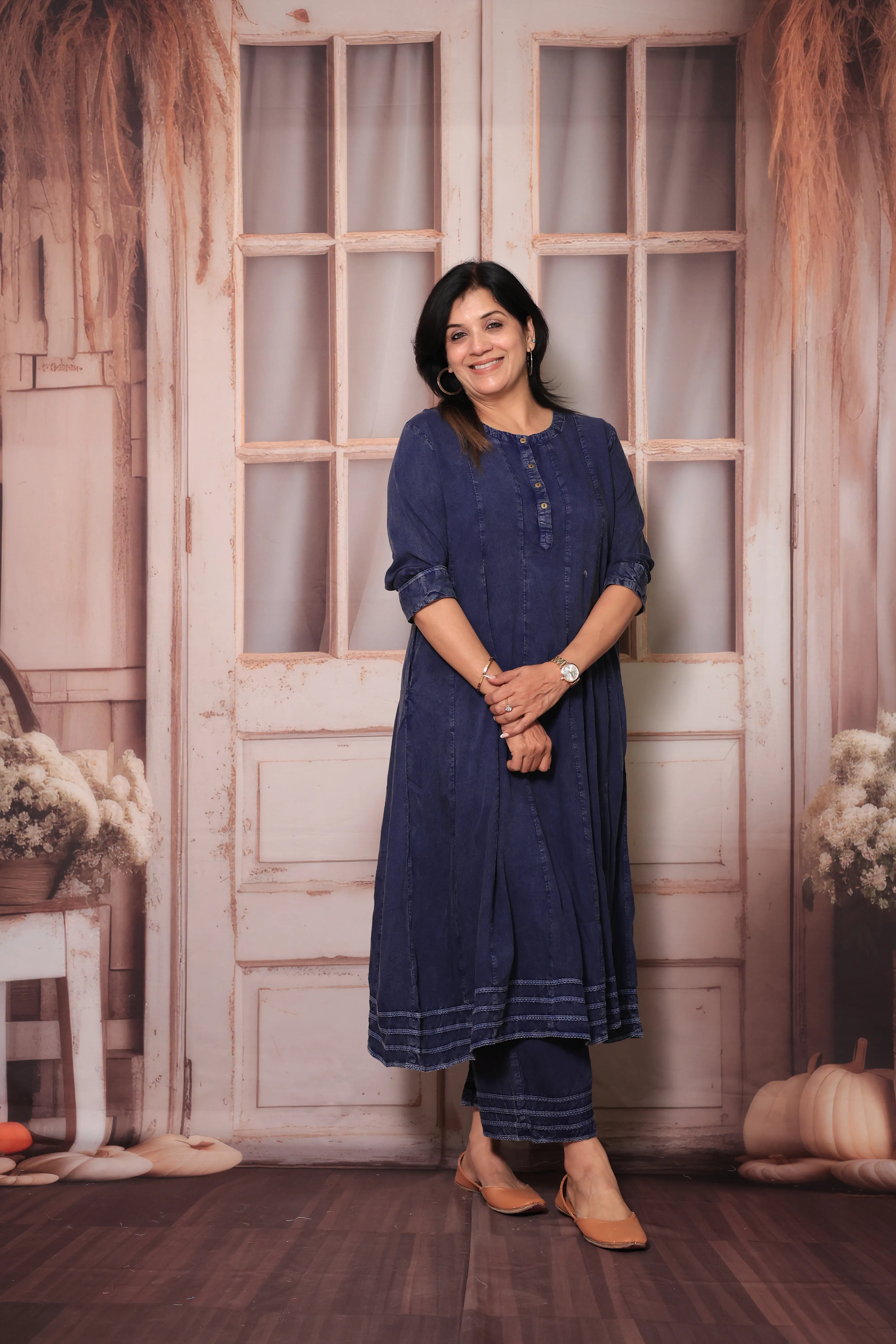 Navy Blue Denim Long A-Line Kurta & Palazzo Co-Ord Set | Trendy Soft Denim Ethnic Wear