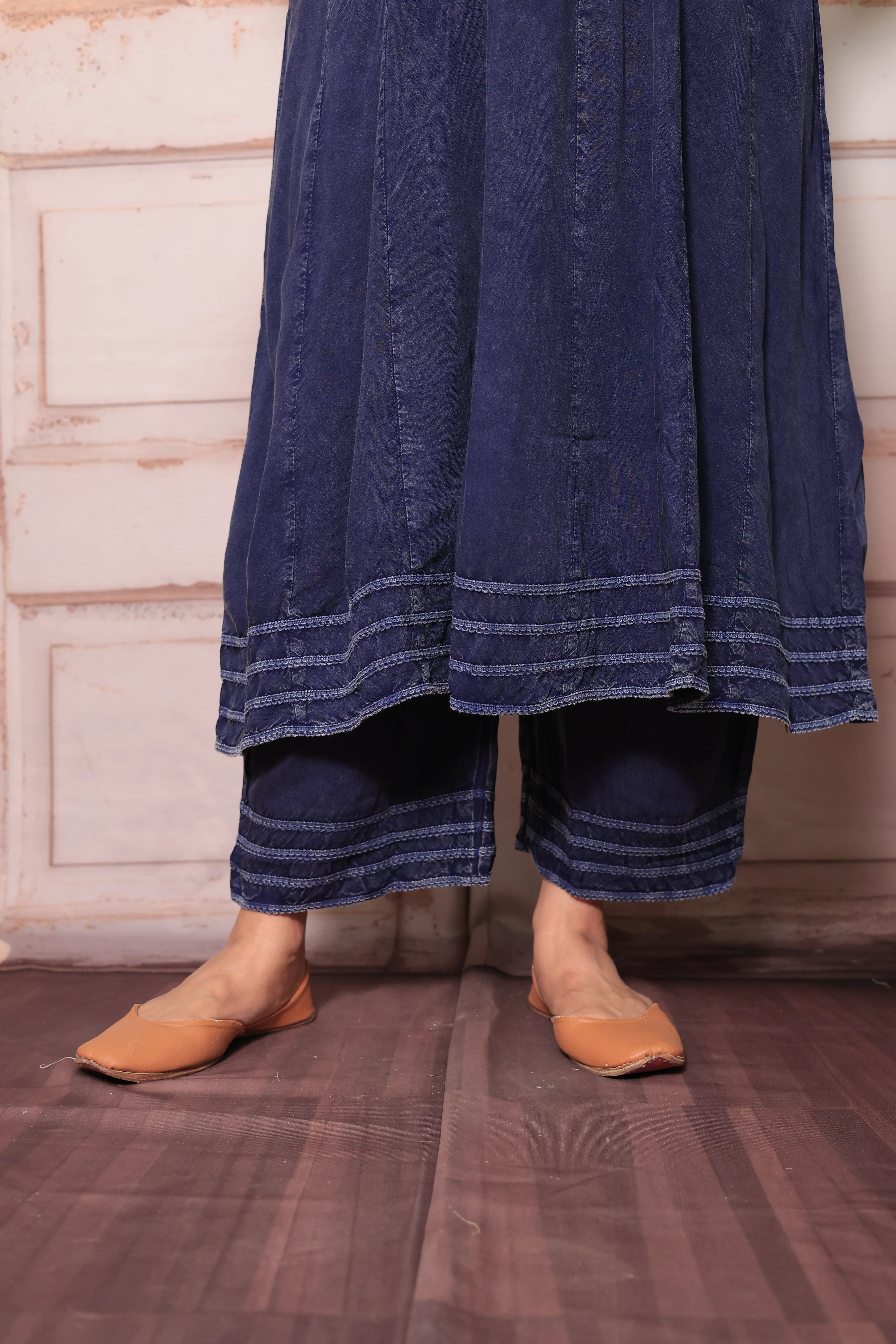 Navy Blue Denim Long A-Line Kurta & Palazzo Co-Ord Set | Trendy Soft Denim Ethnic Wear