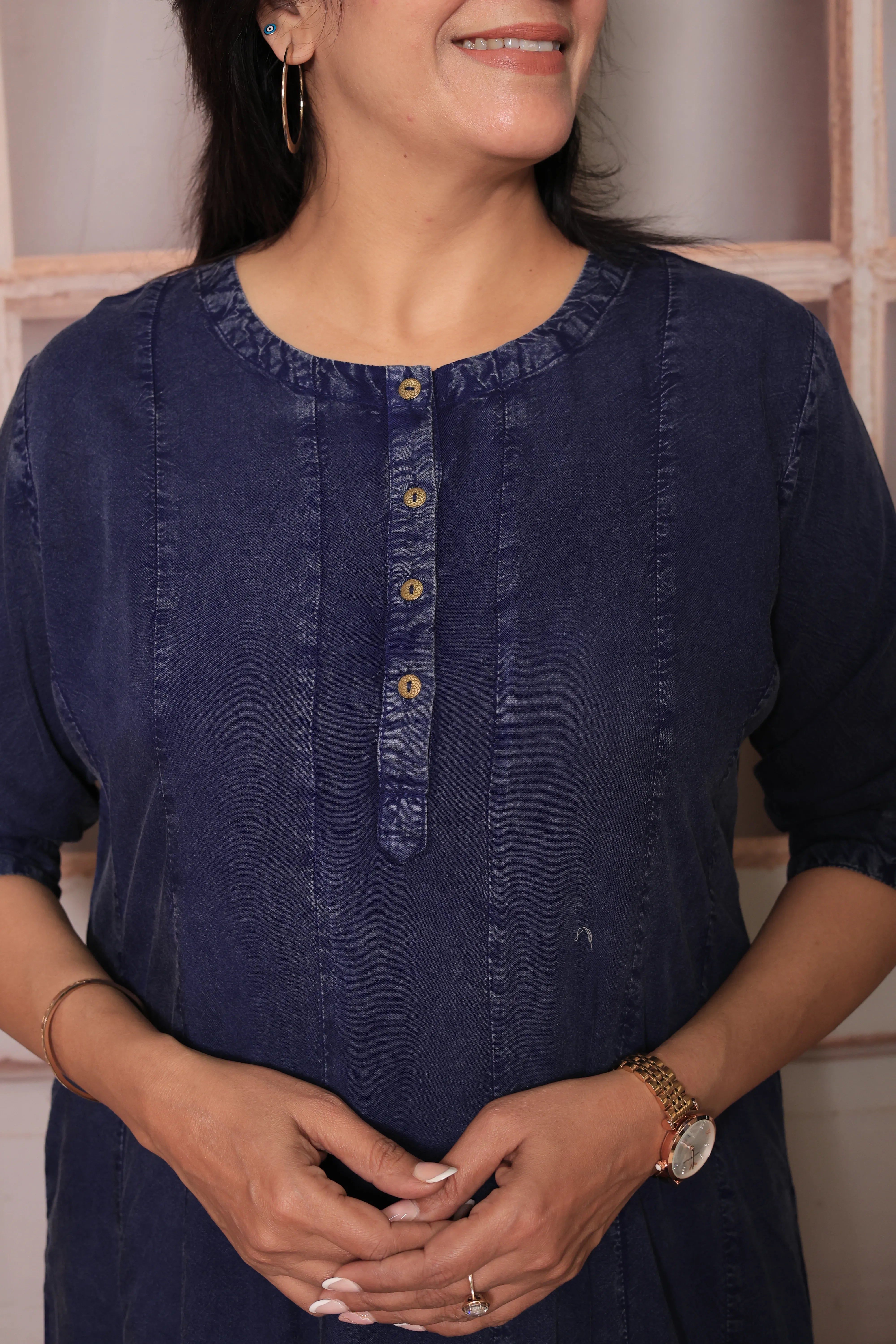 Navy Blue Denim Long A-Line Kurta & Palazzo Co-Ord Set | Trendy Soft Denim Ethnic Wear