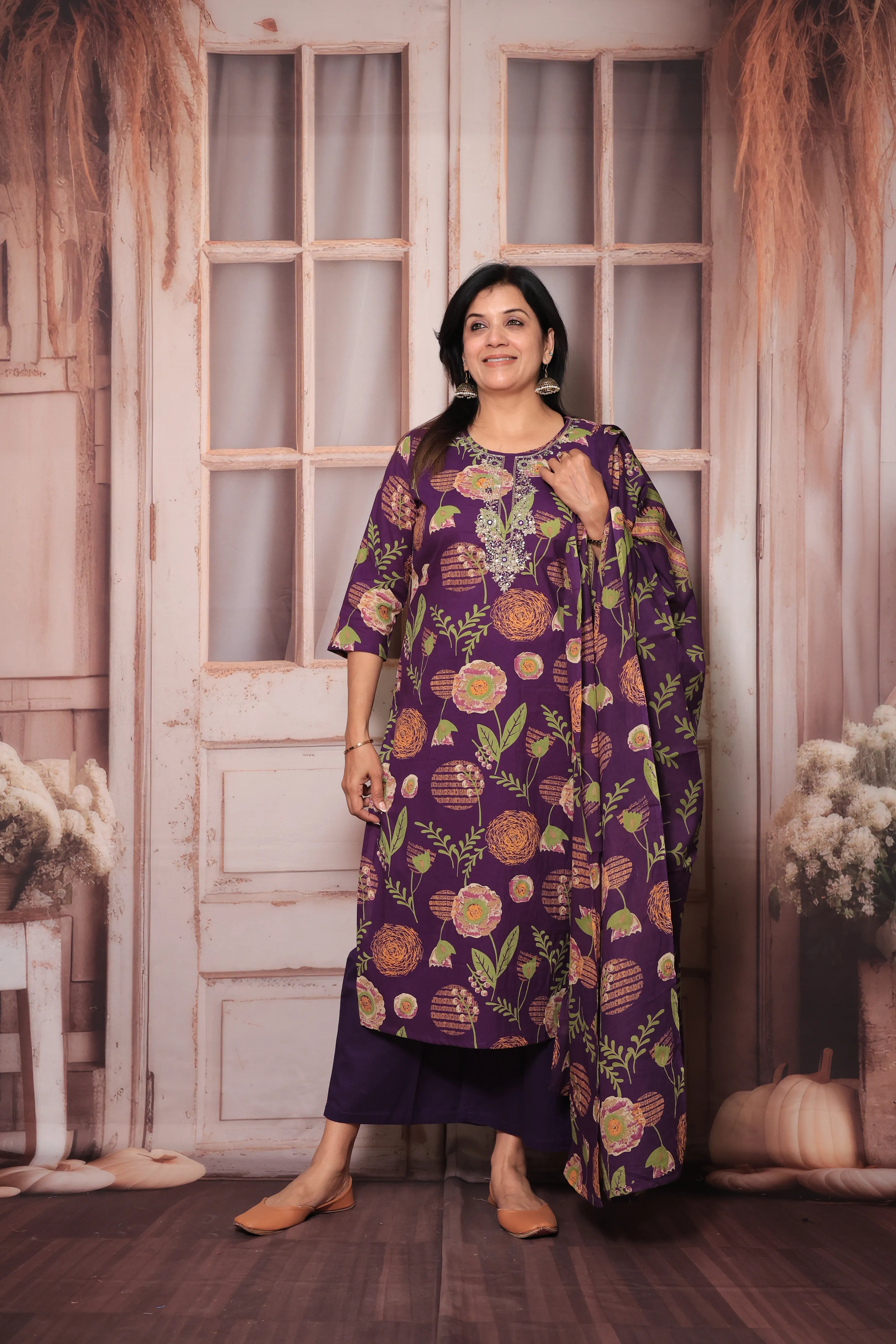 Purple Yoke Embroidered Kurta Pant Set with Dupatta | Digital Floral Print