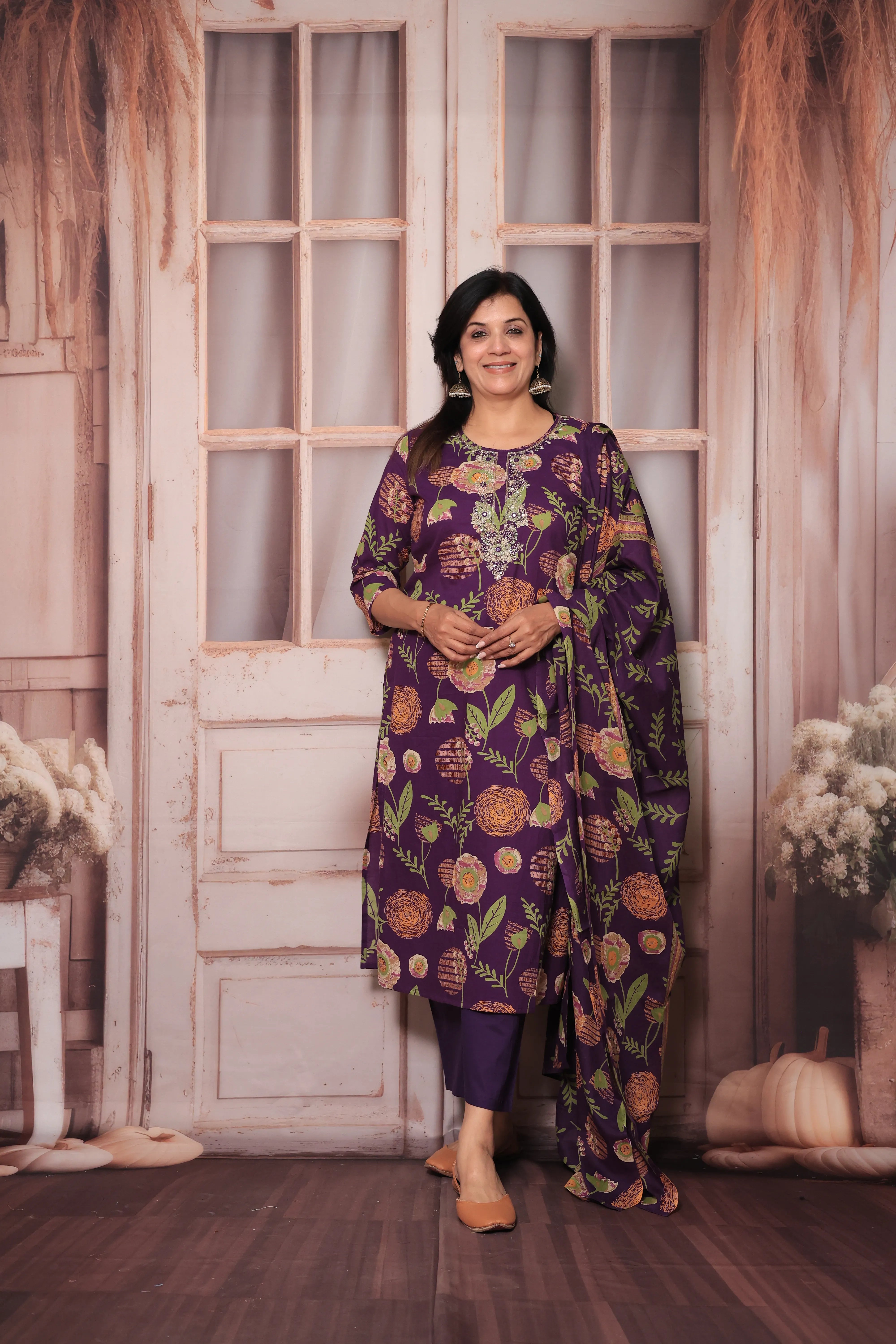 Purple Yoke Embroidered Kurta Pant Set with Dupatta | Digital Floral Print