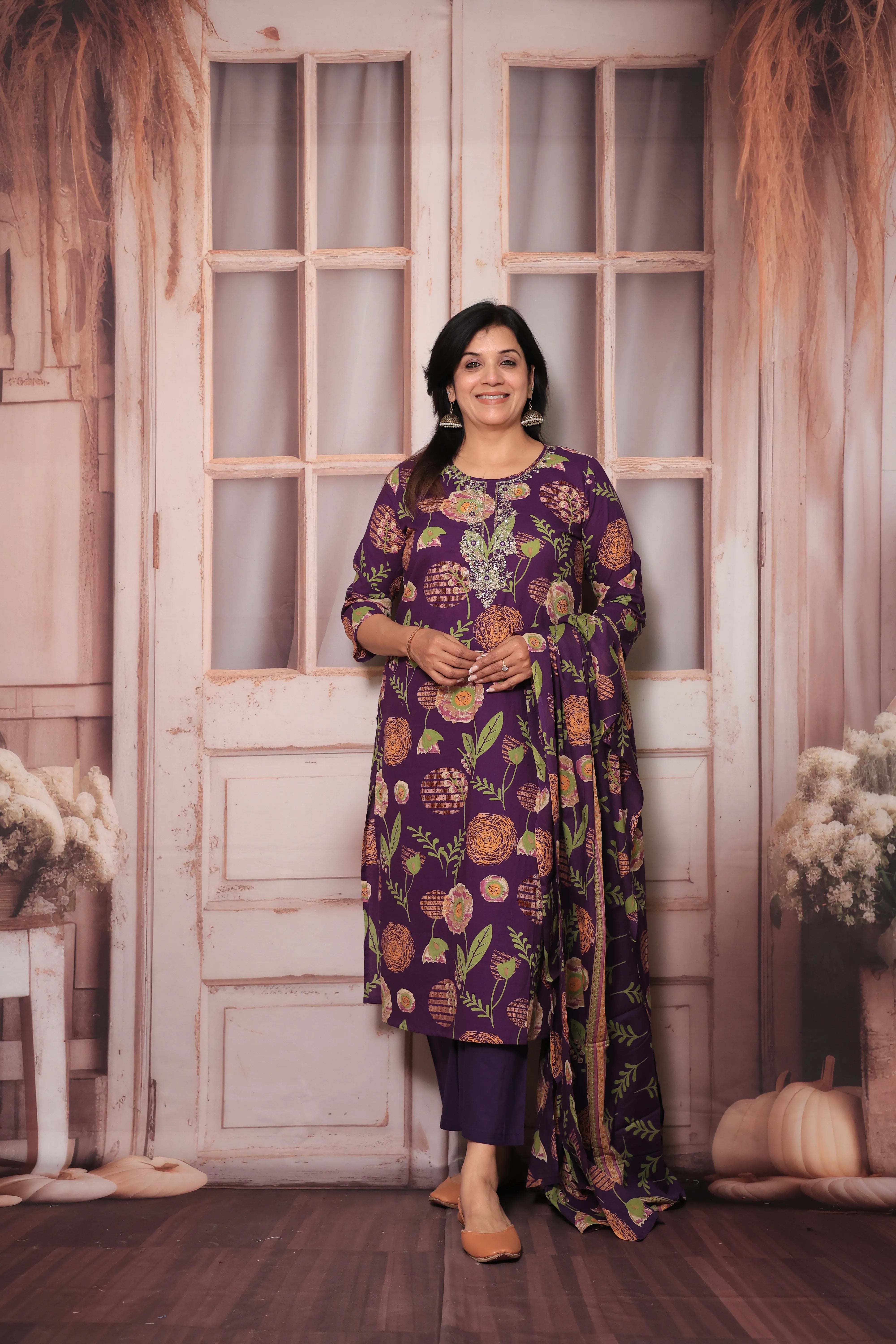 Purple Yoke Embroidered Kurta Pant Set with Dupatta | Digital Floral Print