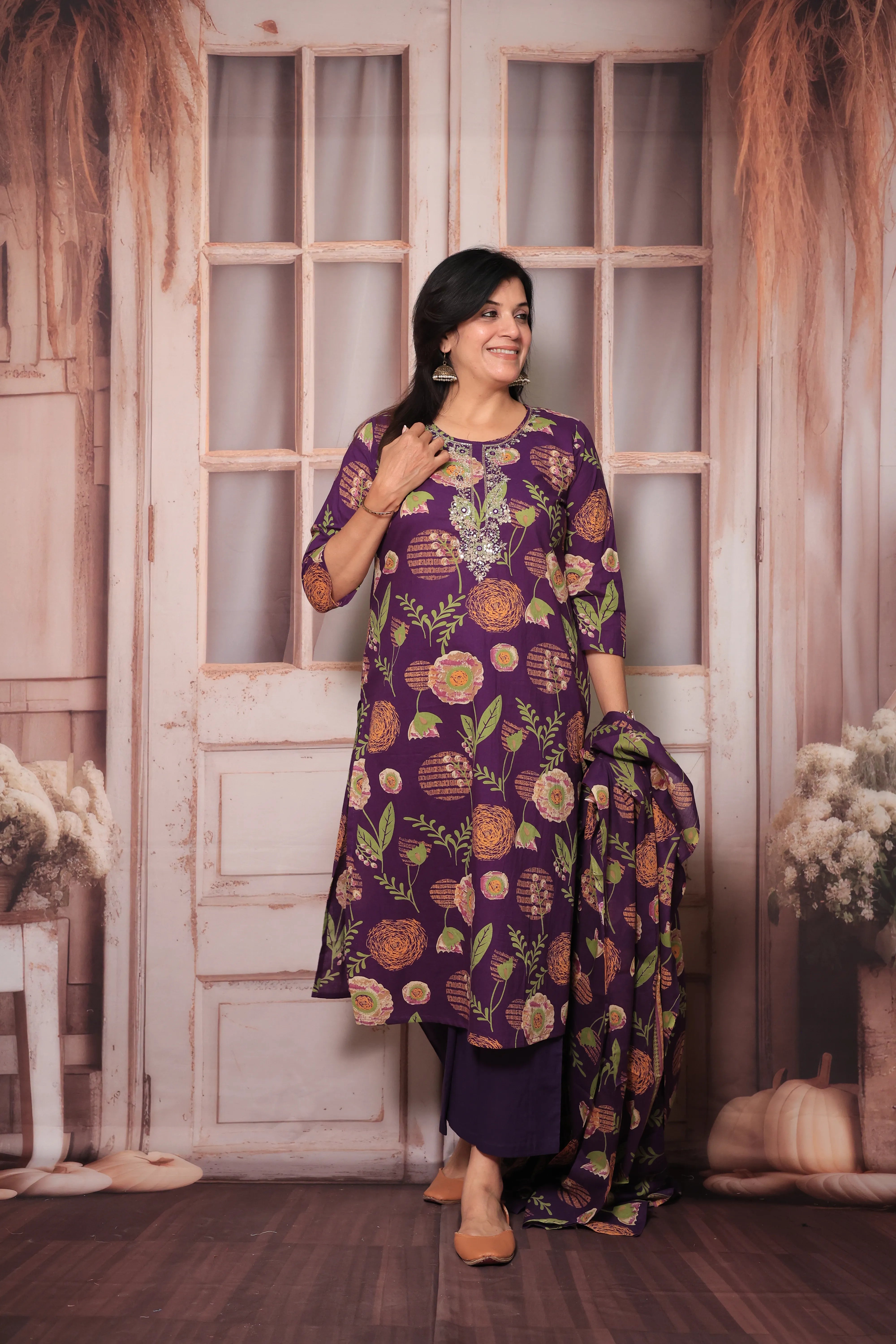 Purple Yoke Embroidered Kurta Pant Set with Dupatta | Digital Floral Print