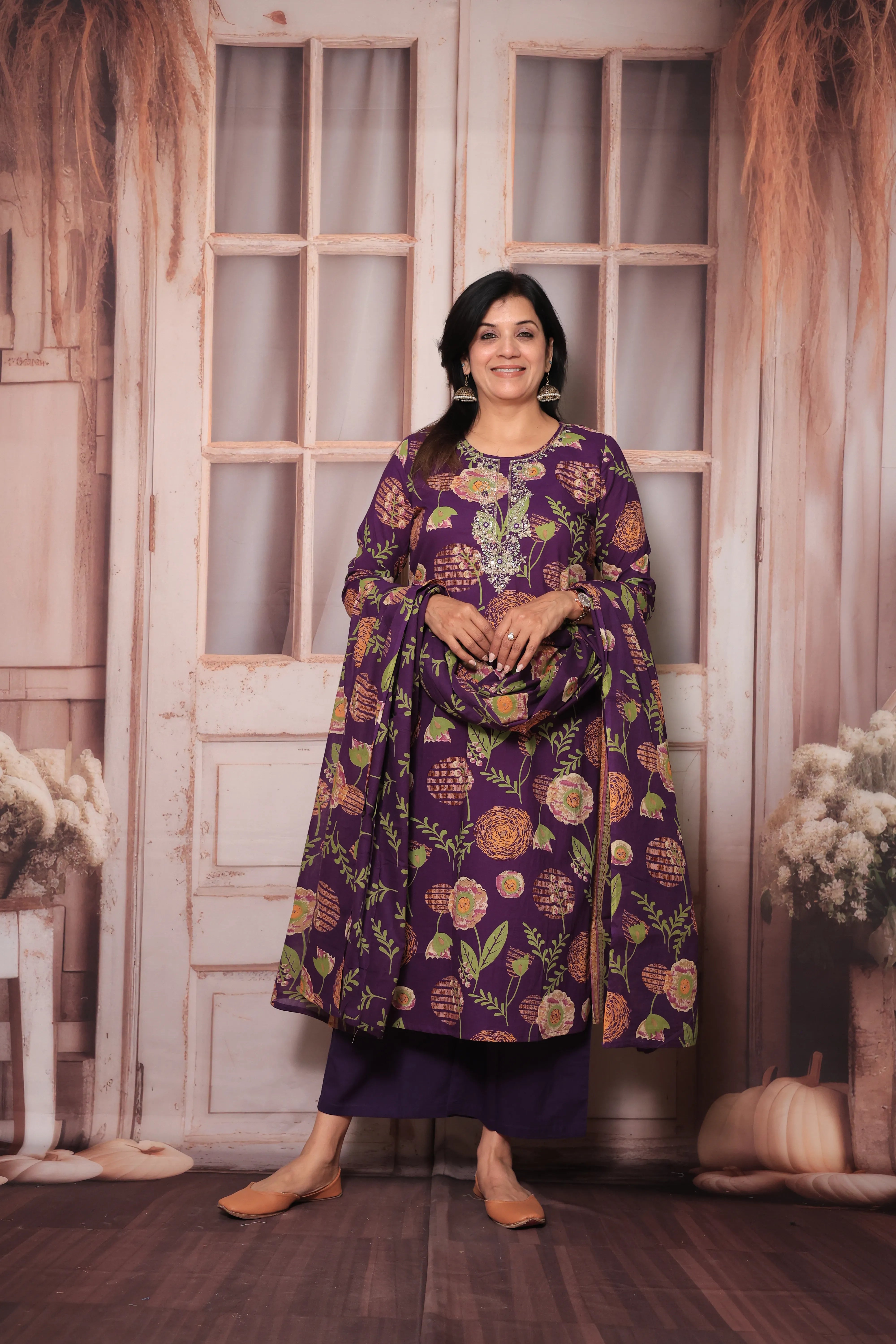 Purple Yoke Embroidered Kurta Pant Set with Dupatta | Digital Floral Print