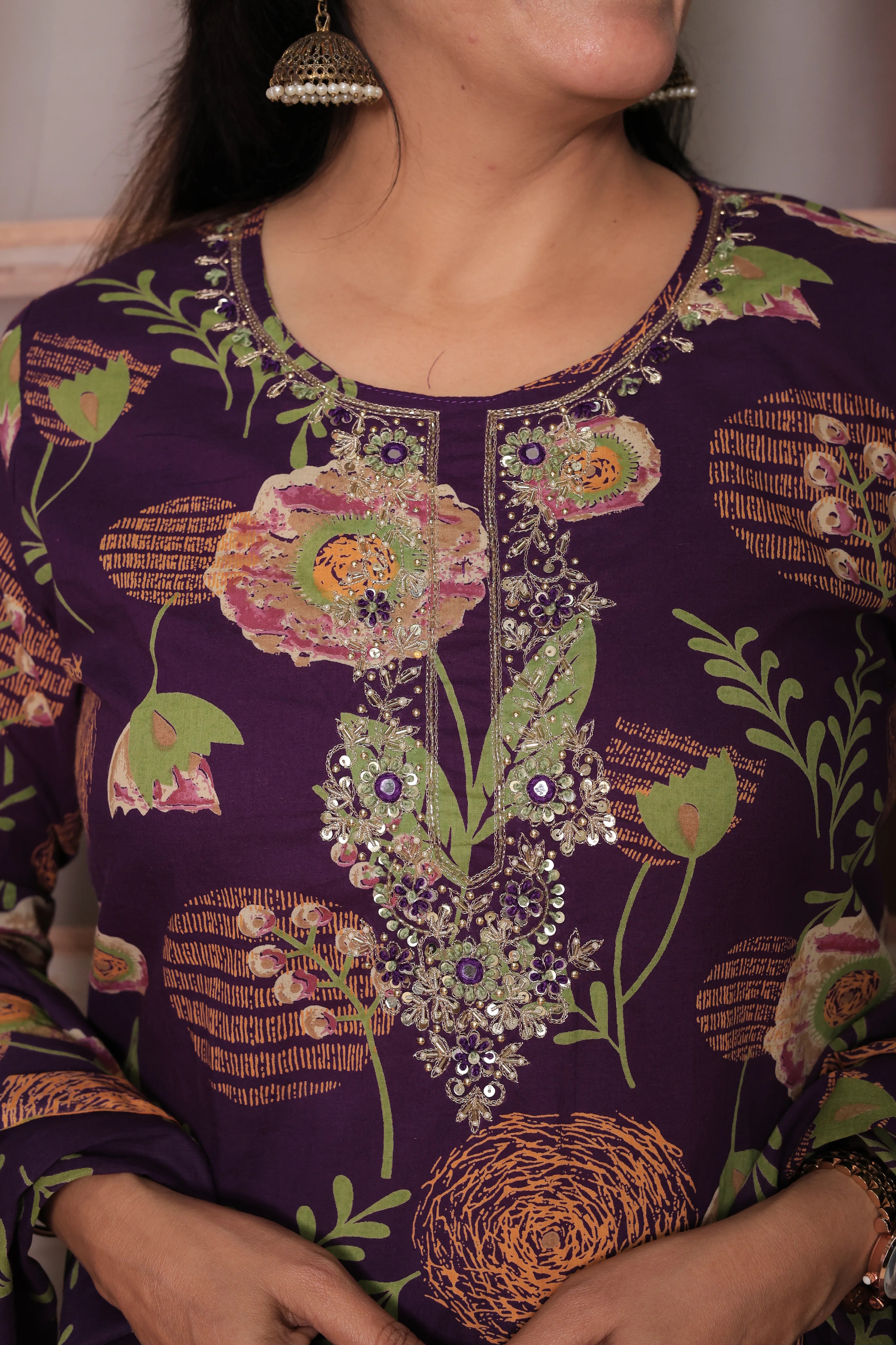 Purple Yoke Embroidered Kurta Pant Set with Dupatta | Digital Floral Print