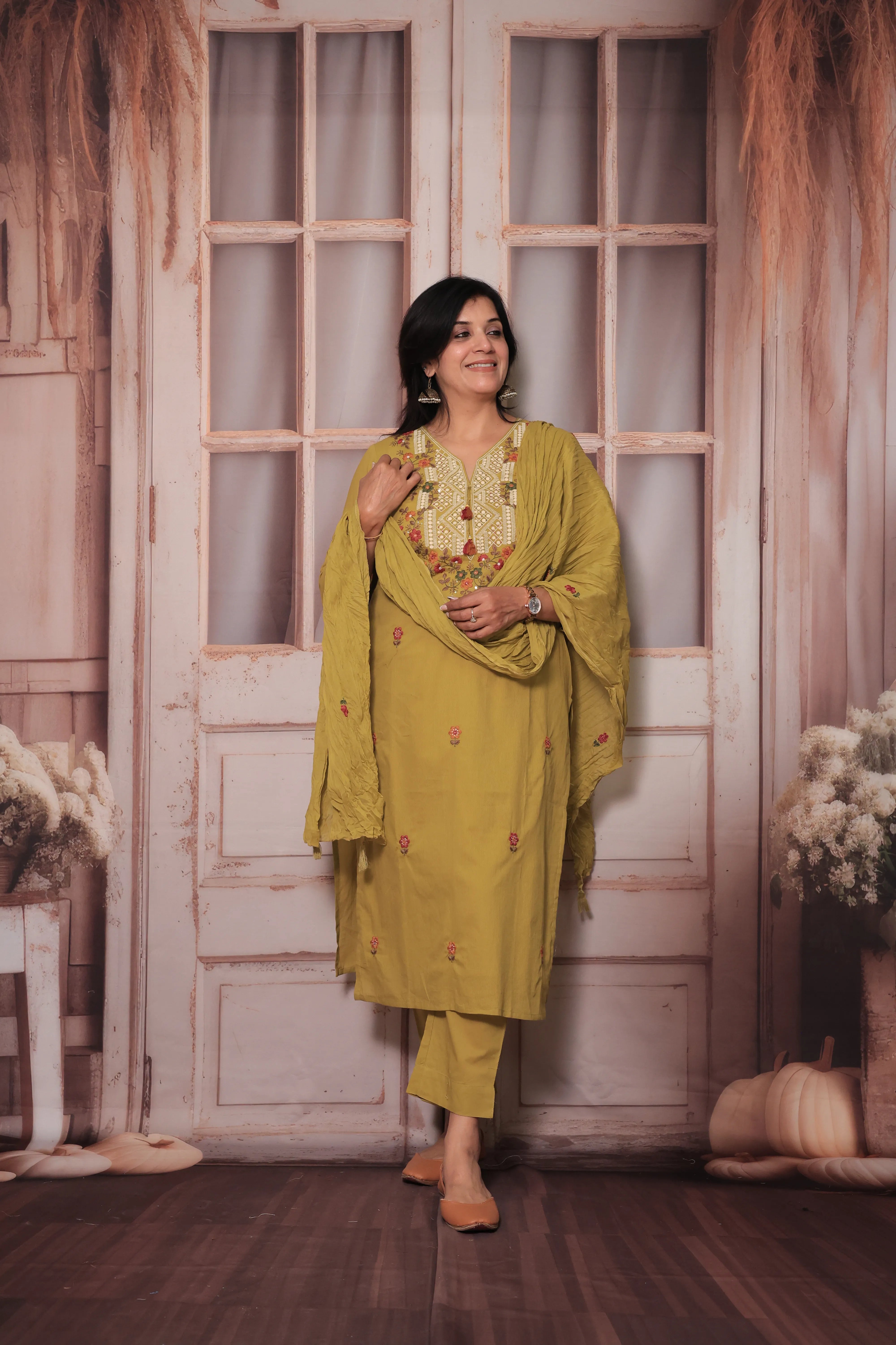 Dull Yellow Floral Yoke Design Dupatta Set | Thread Embroidery | Soft Cotton Ethnic Wear