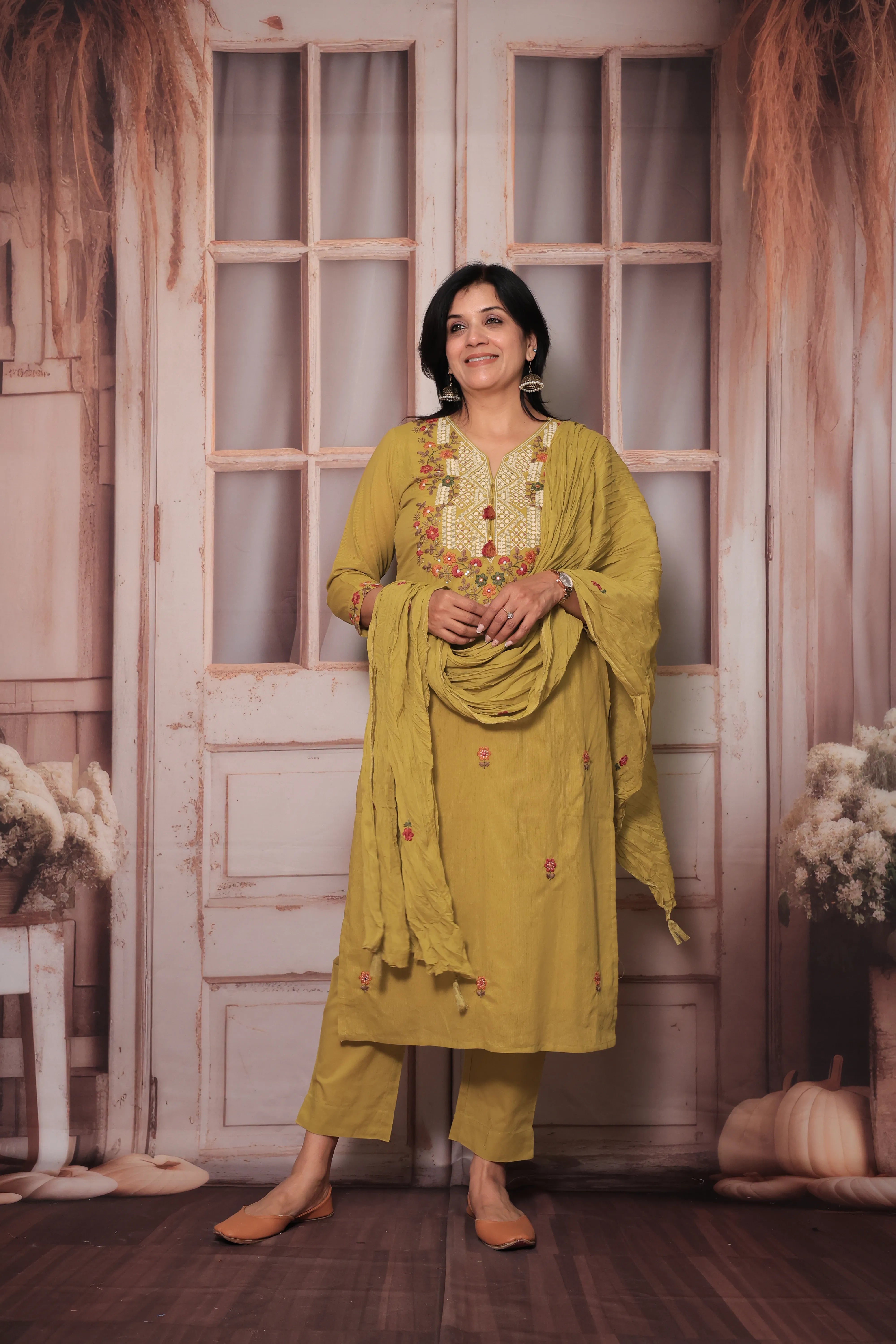 Dull Yellow Floral Yoke Design Dupatta Set | Thread Embroidery | Soft Cotton Ethnic Wear