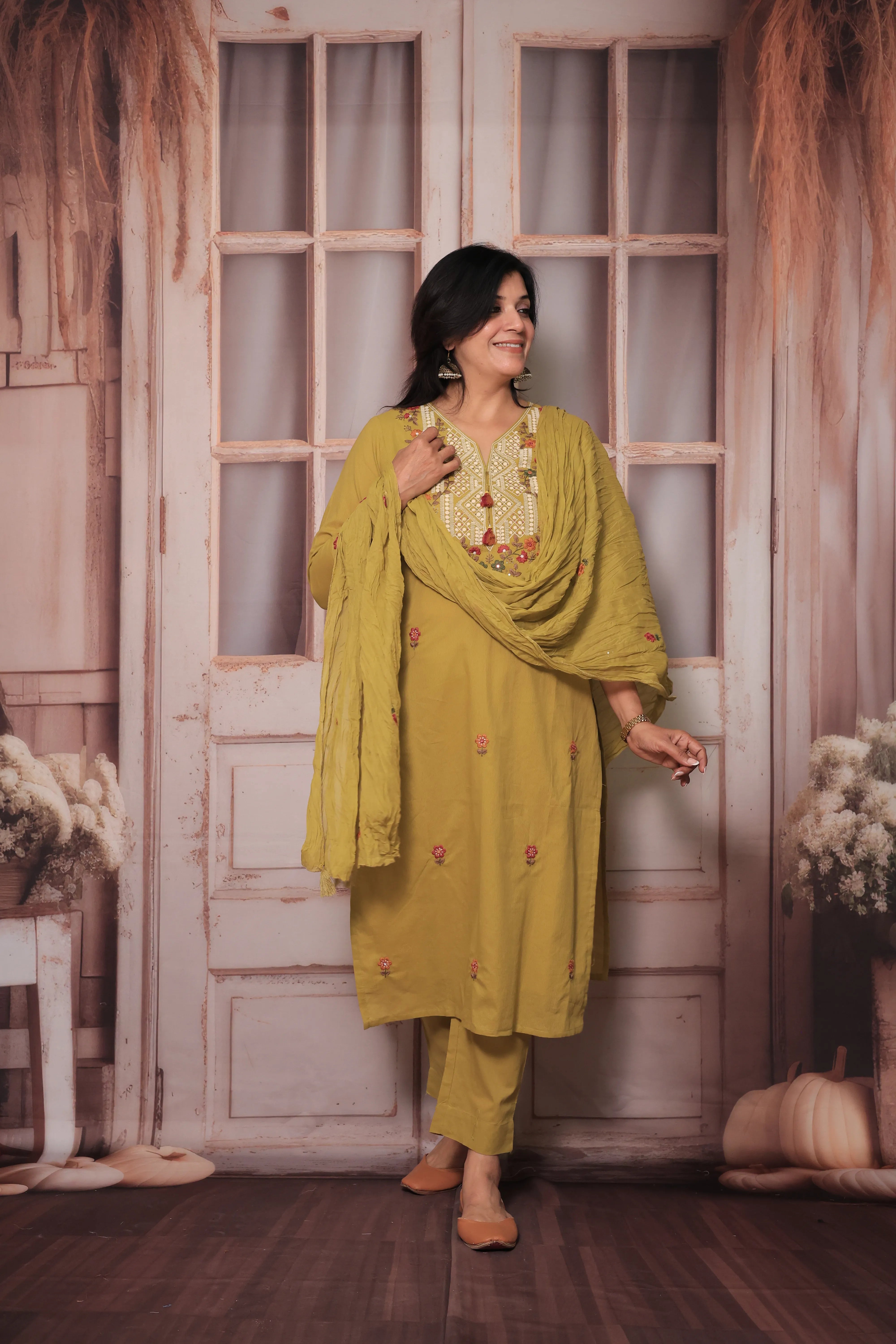 Dull Yellow Floral Yoke Design Dupatta Set | Thread Embroidery | Soft Cotton Ethnic Wear