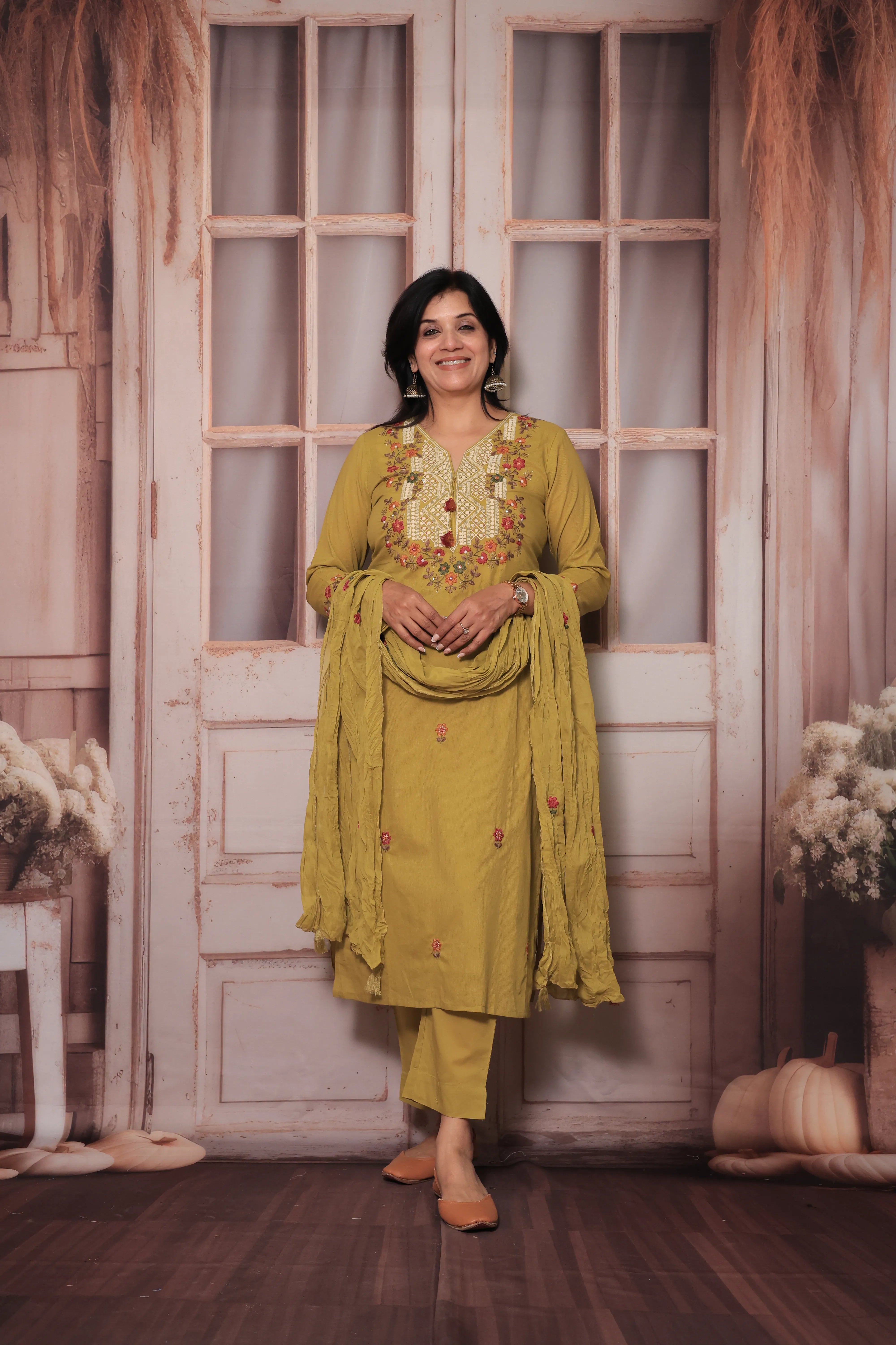 Dull Yellow Floral Yoke Design Dupatta Set | Thread Embroidery | Soft Cotton Ethnic Wear