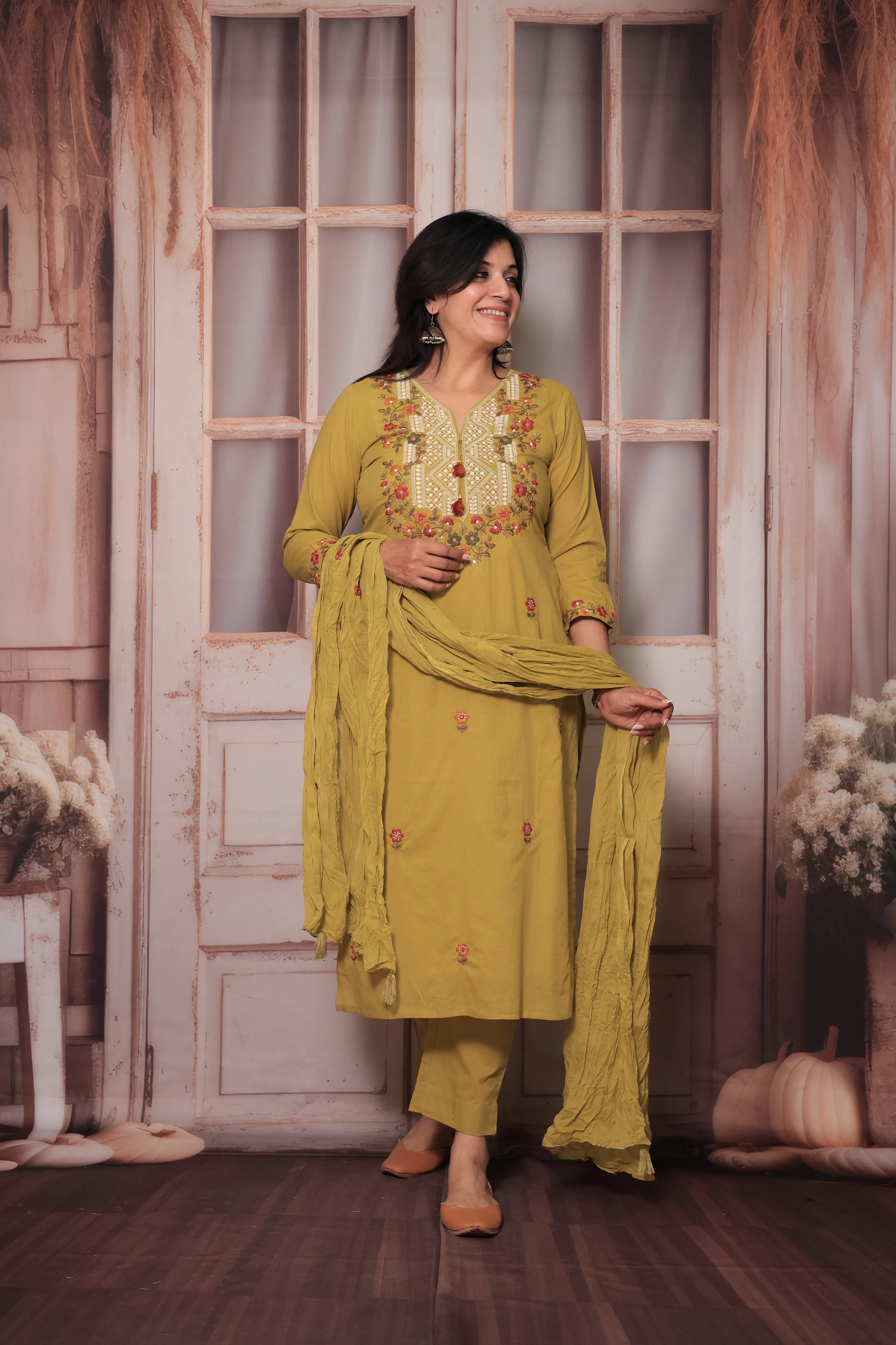 Dull Yellow Floral Yoke Design Dupatta Set | Thread Embroidery | Soft Cotton Ethnic Wear