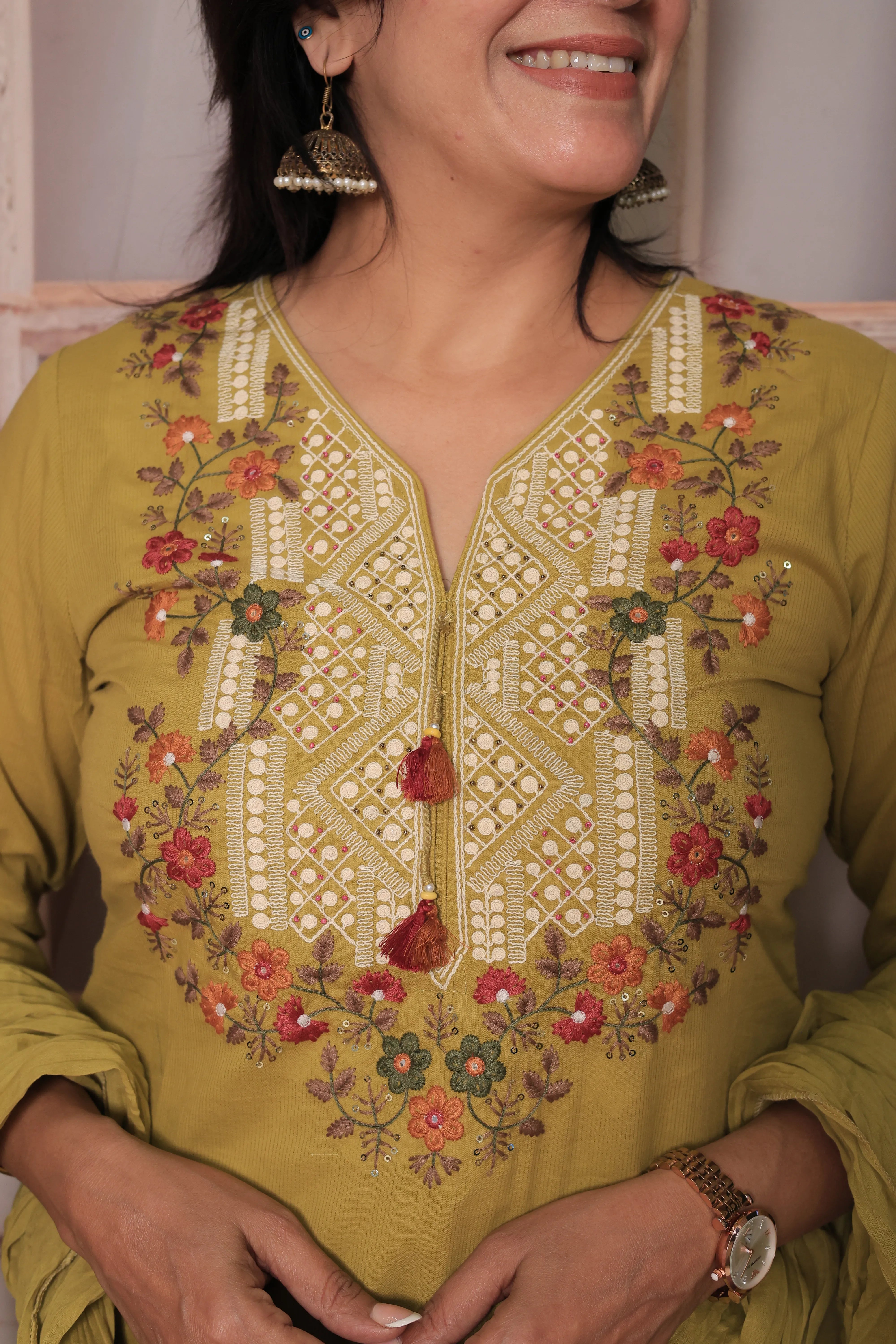 Dull Yellow Floral Yoke Design Dupatta Set | Thread Embroidery | Soft Cotton Ethnic Wear