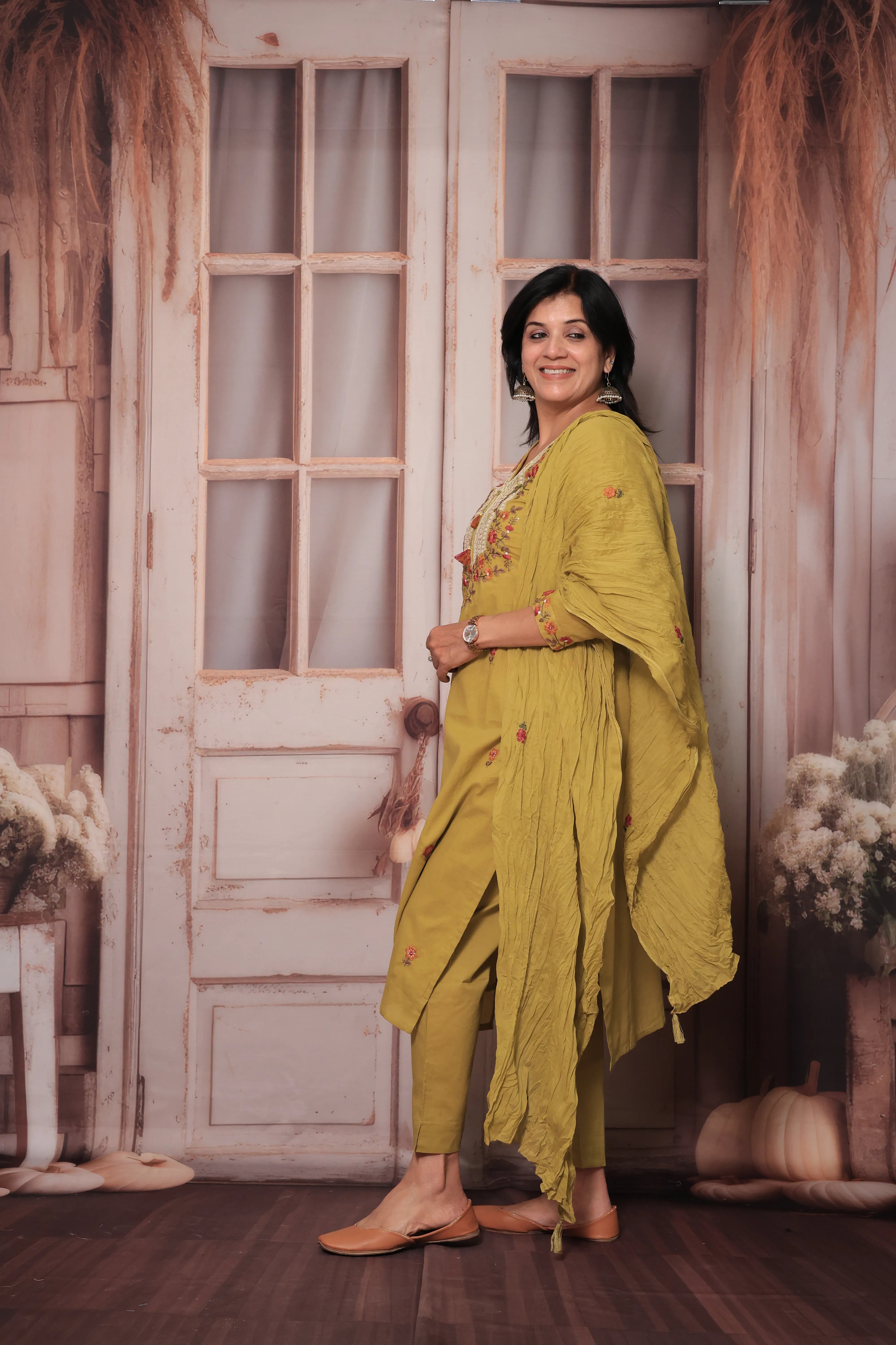Dull Yellow Floral Yoke Design Dupatta Set | Thread Embroidery | Soft Cotton Ethnic Wear