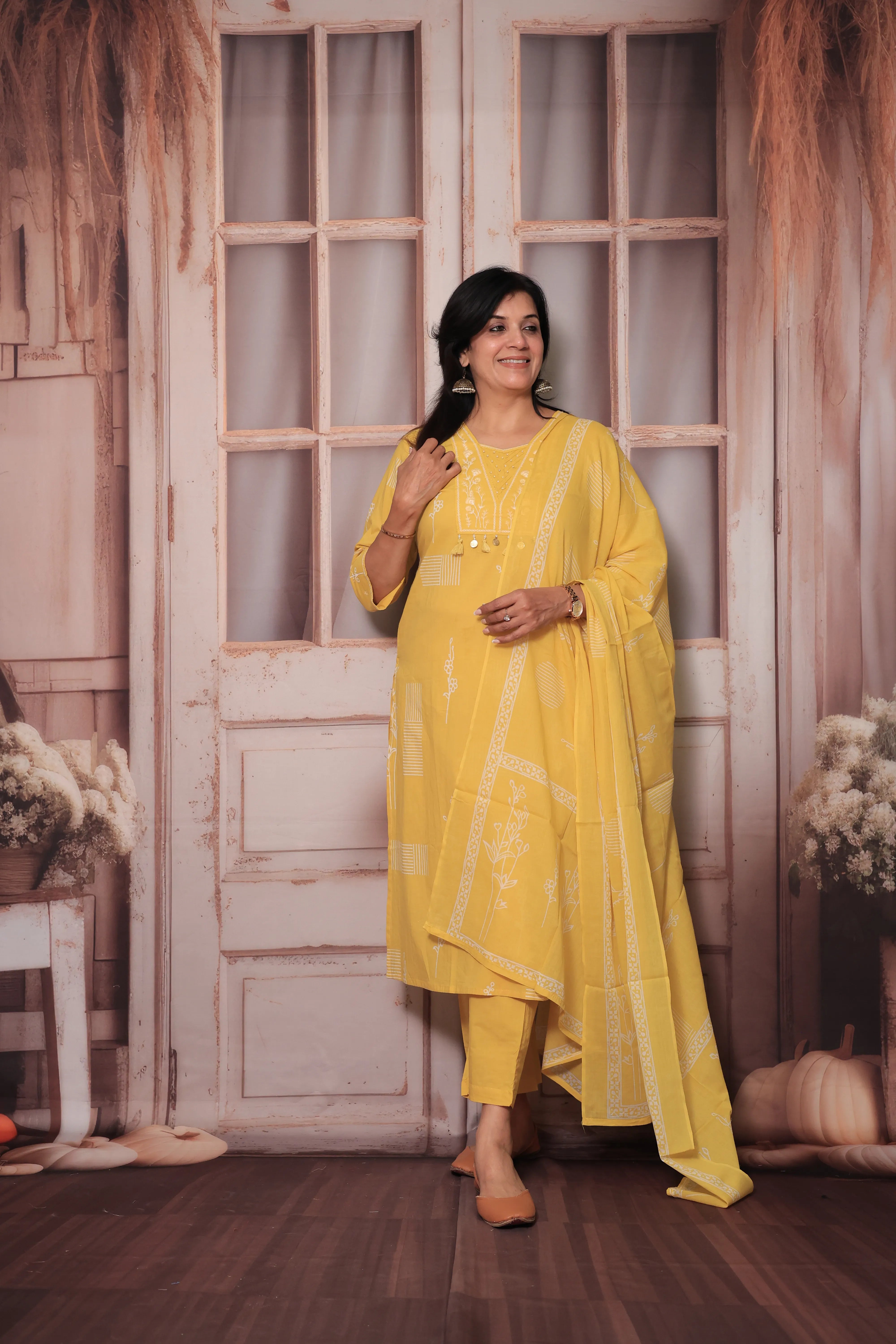 Yellow Yoke Embroidered Kurta Pant Set with Dupatta | Sequin Work & Floral Print