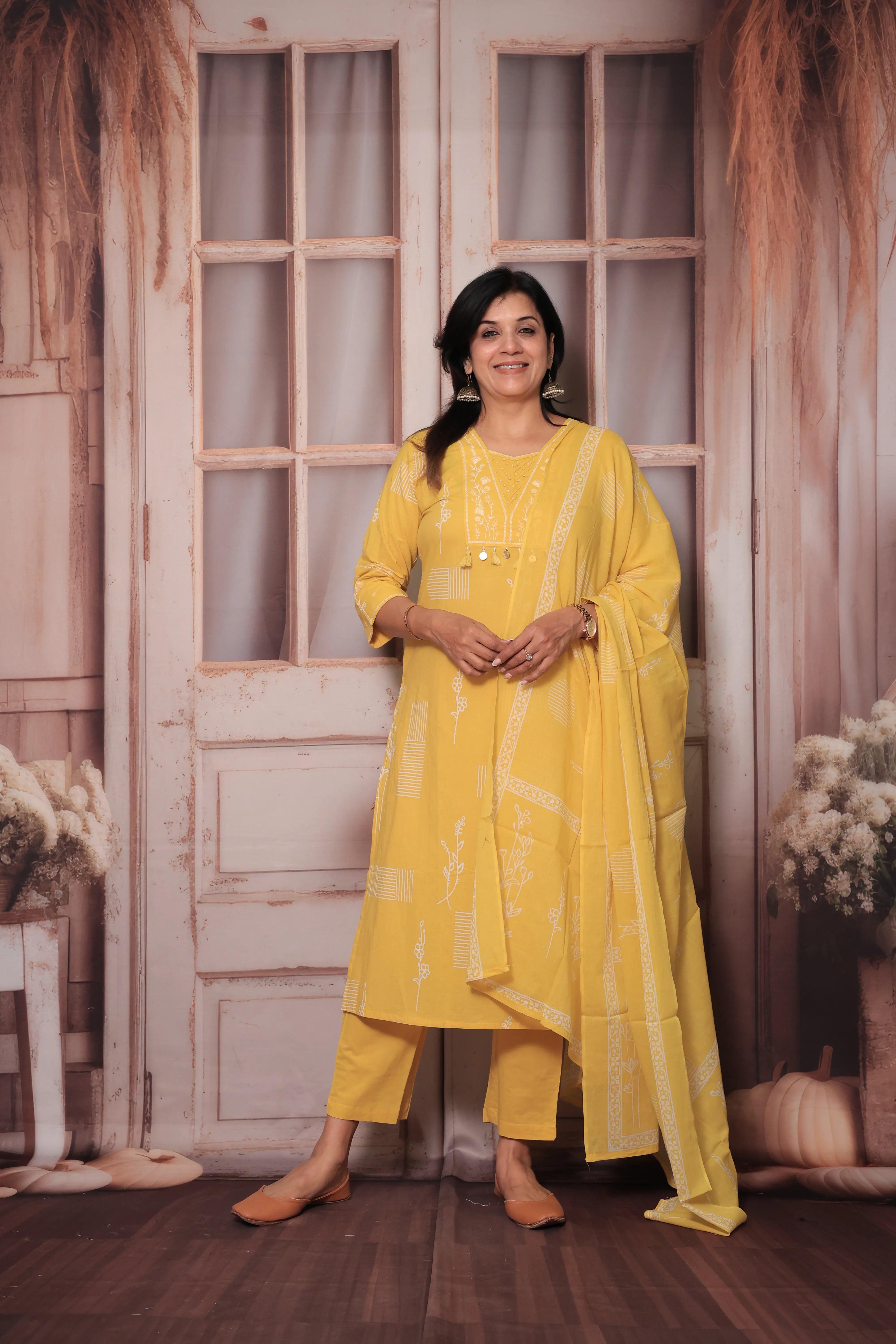 Yellow Yoke Embroidered Kurta Pant Set with Dupatta | Sequin Work & Floral Print