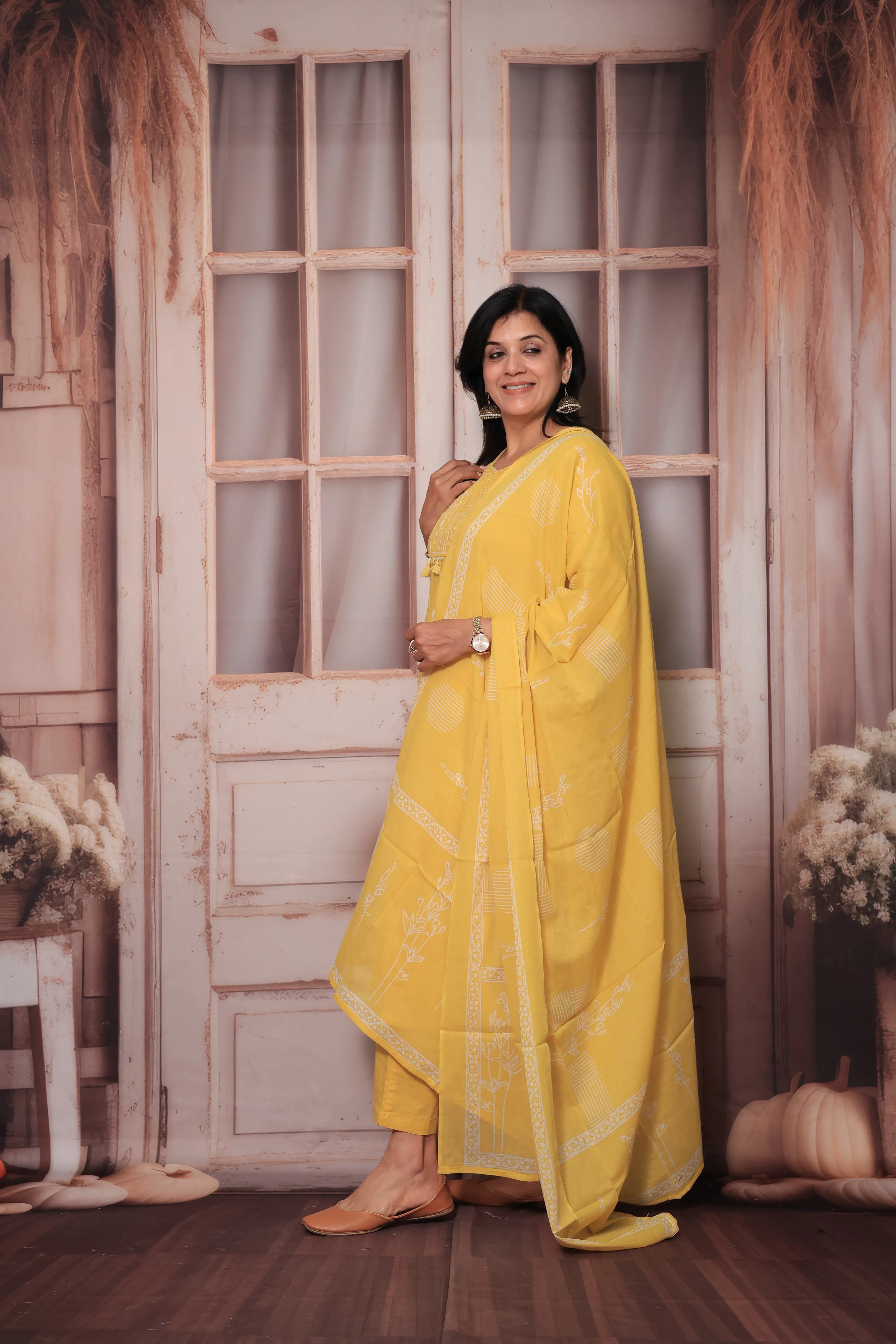 Yellow Yoke Embroidered Kurta Pant Set with Dupatta | Sequin Work & Floral Print