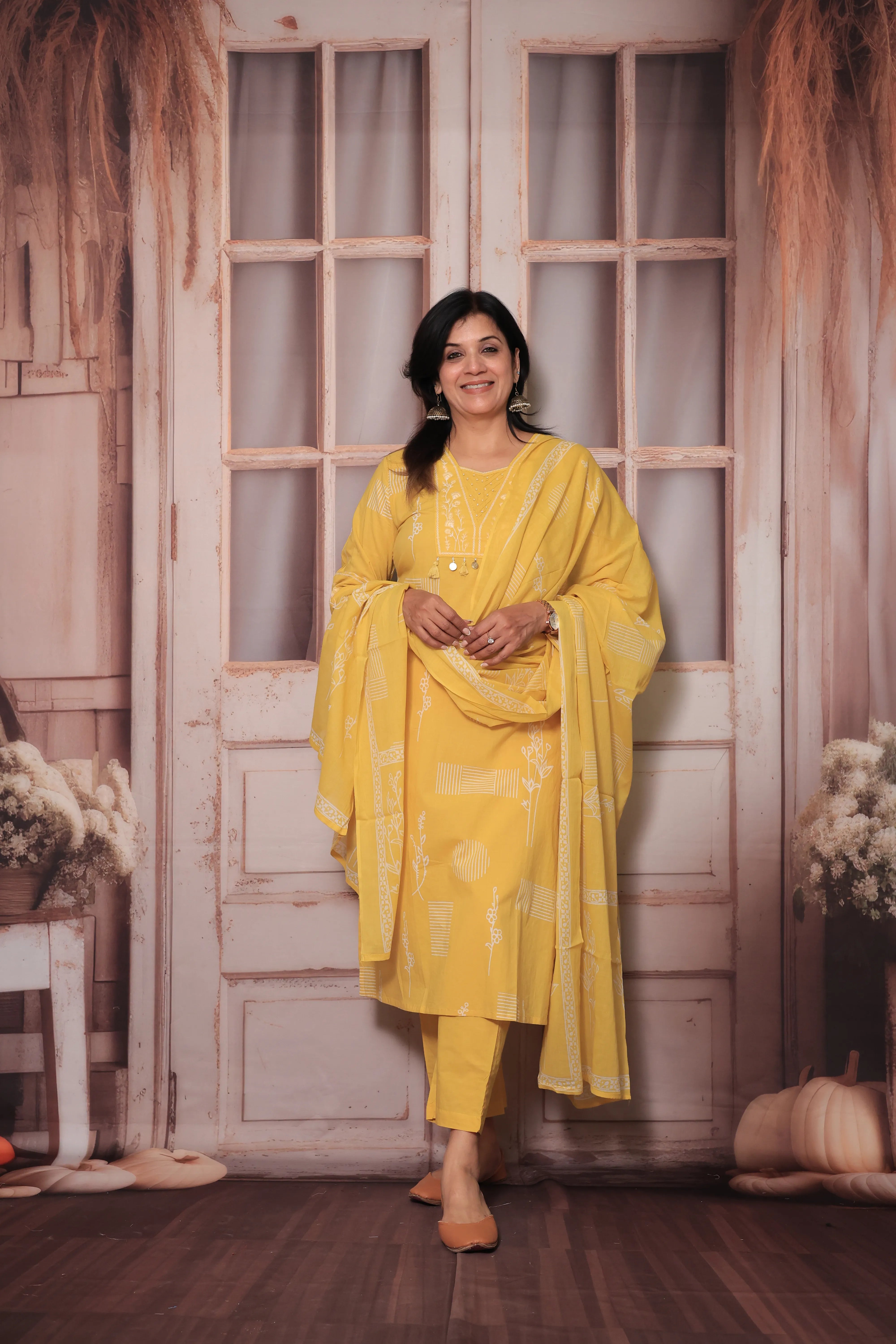 Yellow Yoke Embroidered Kurta Pant Set with Dupatta | Sequin Work & Floral Print