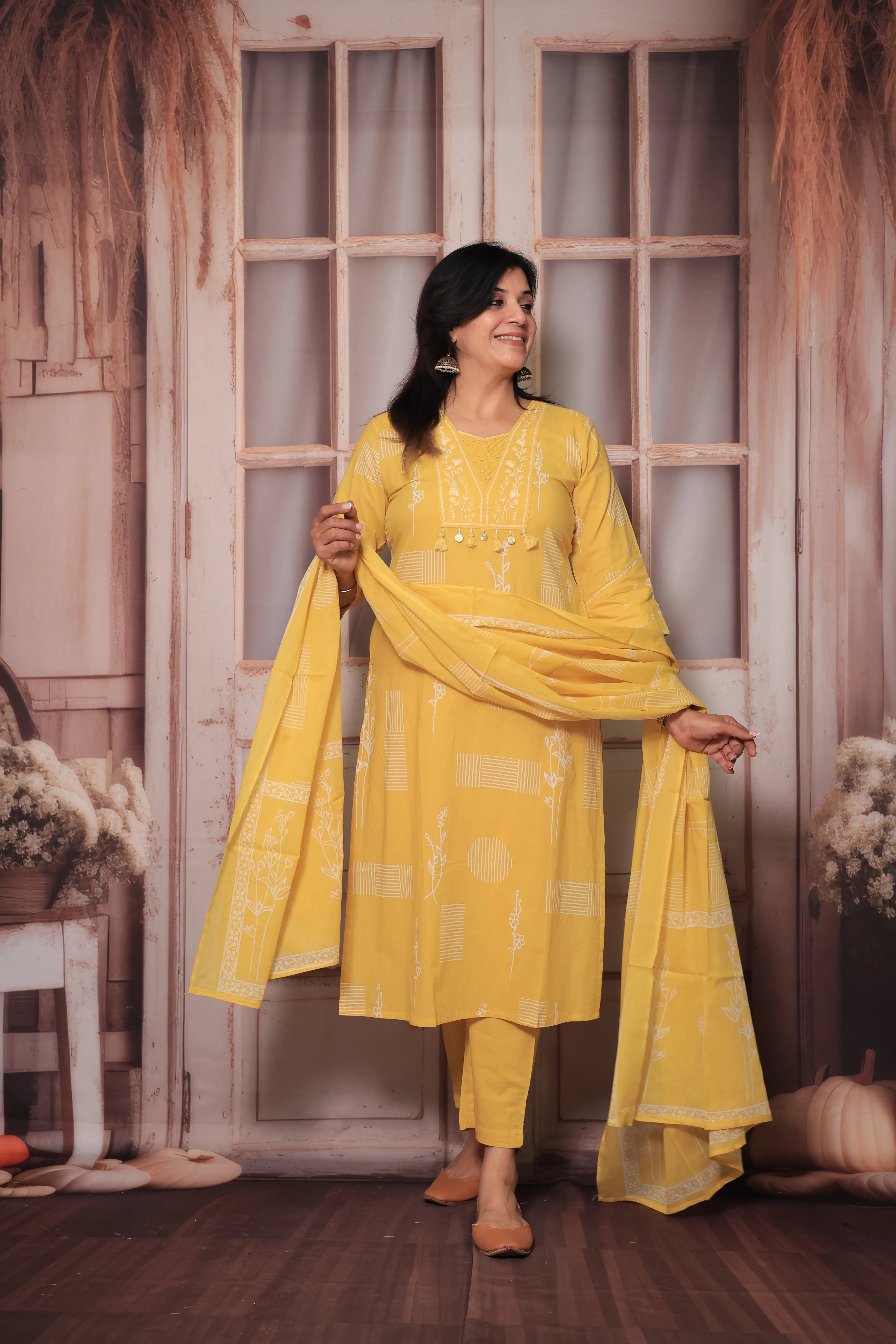 Yellow Yoke Embroidered Kurta Pant Set with Dupatta | Sequin Work & Floral Print
