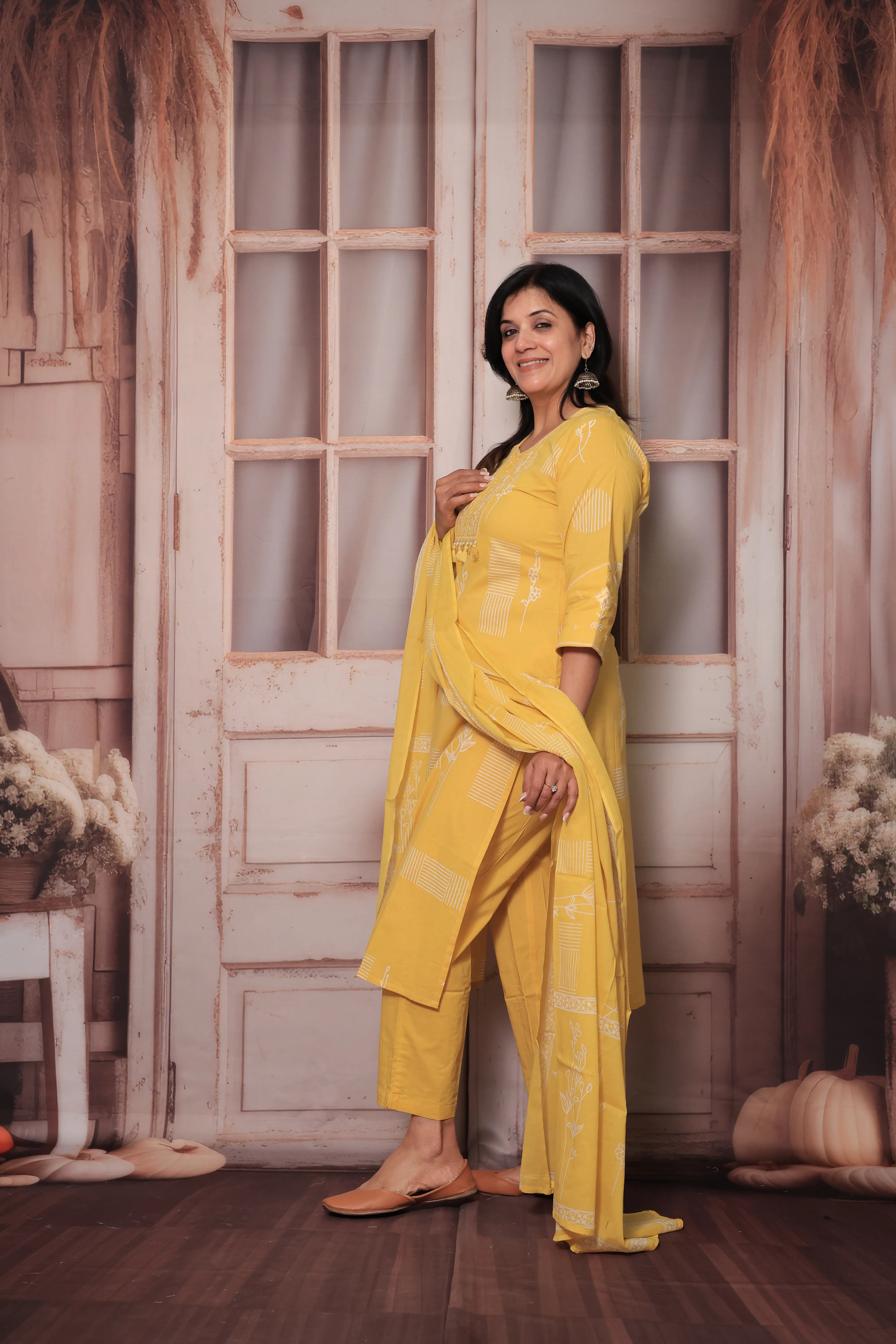 Yellow Yoke Embroidered Kurta Pant Set with Dupatta | Sequin Work & Floral Print