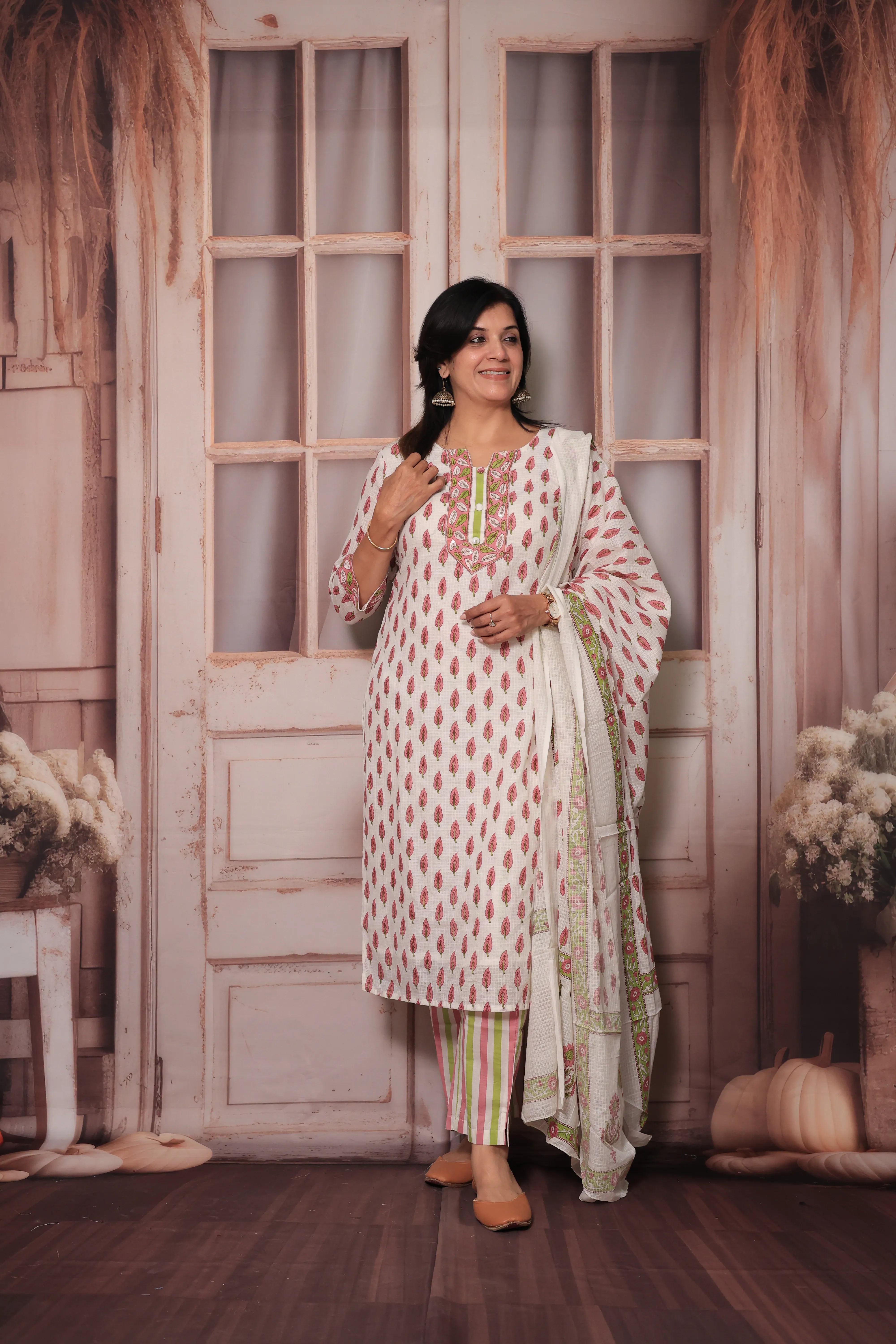Pink & White Hand Block Print Kurta Pant Set with Dupatta | Pure Cotton Ethnic Wear