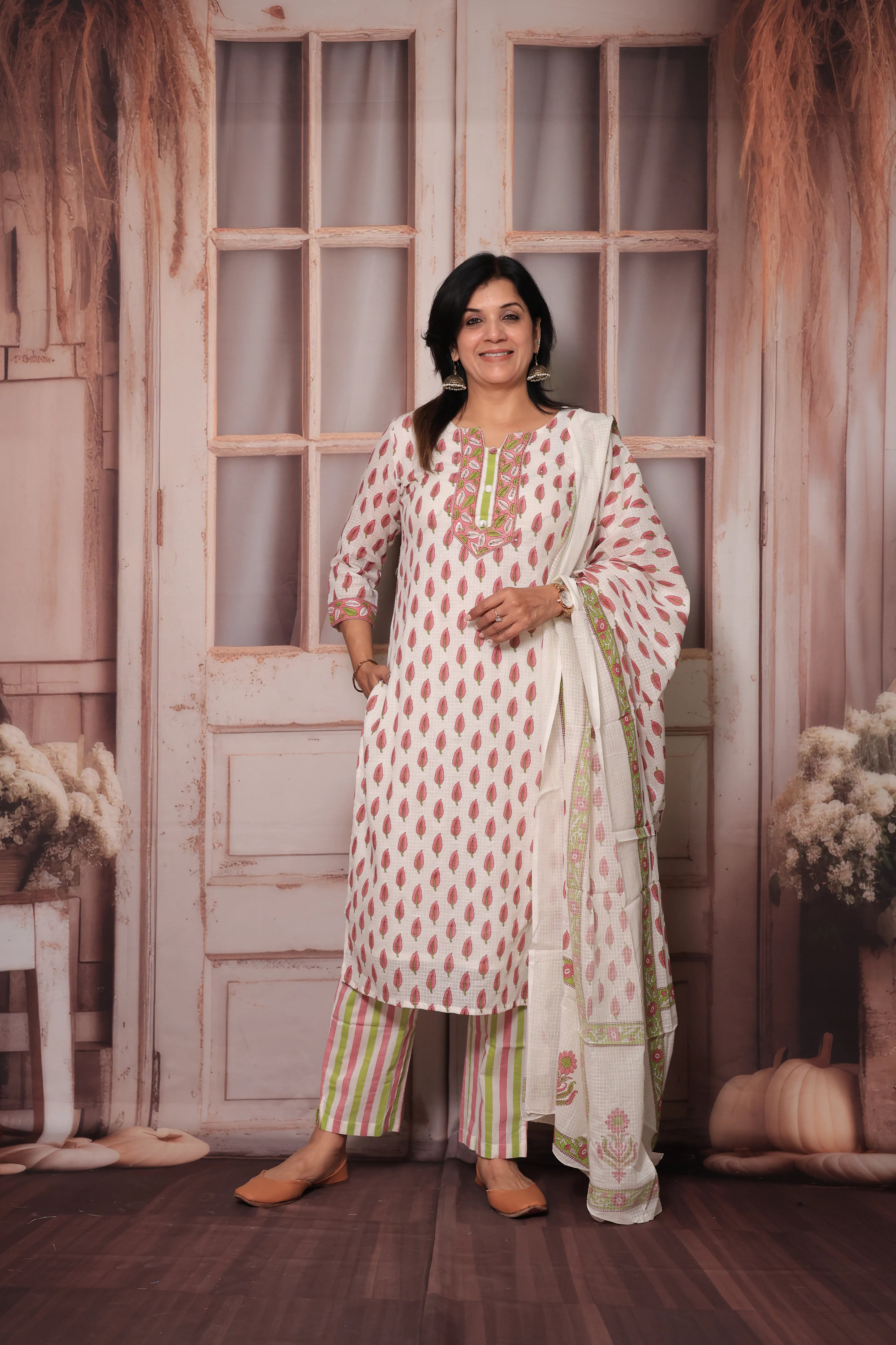 Pink & White Hand Block Print Kurta Pant Set with Dupatta | Pure Cotton Ethnic Wear
