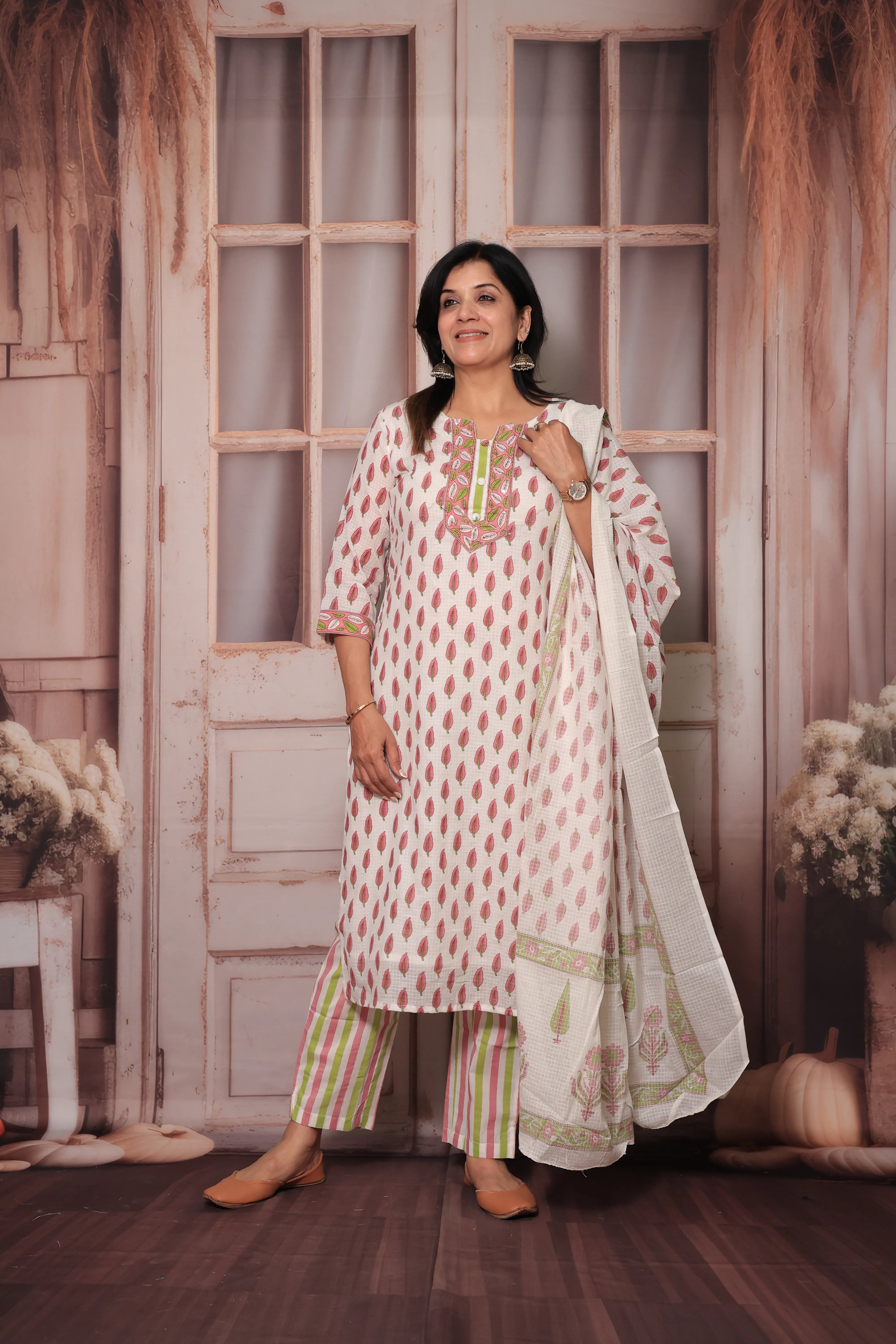 Pink & White Hand Block Print Kurta Pant Set with Dupatta | Pure Cotton Ethnic Wear