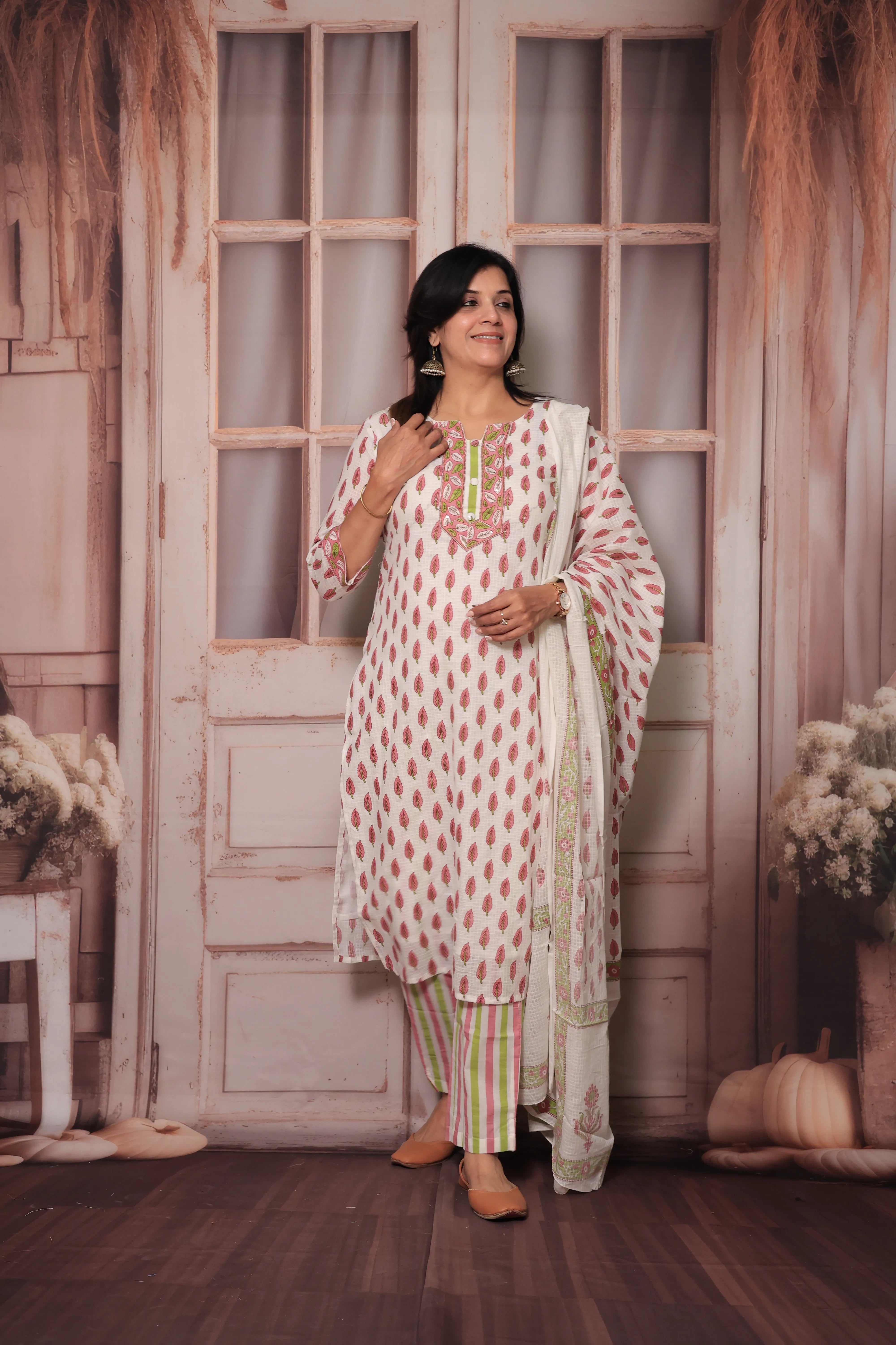 Pink & White Hand Block Print Kurta Pant Set with Dupatta | Pure Cotton Ethnic Wear