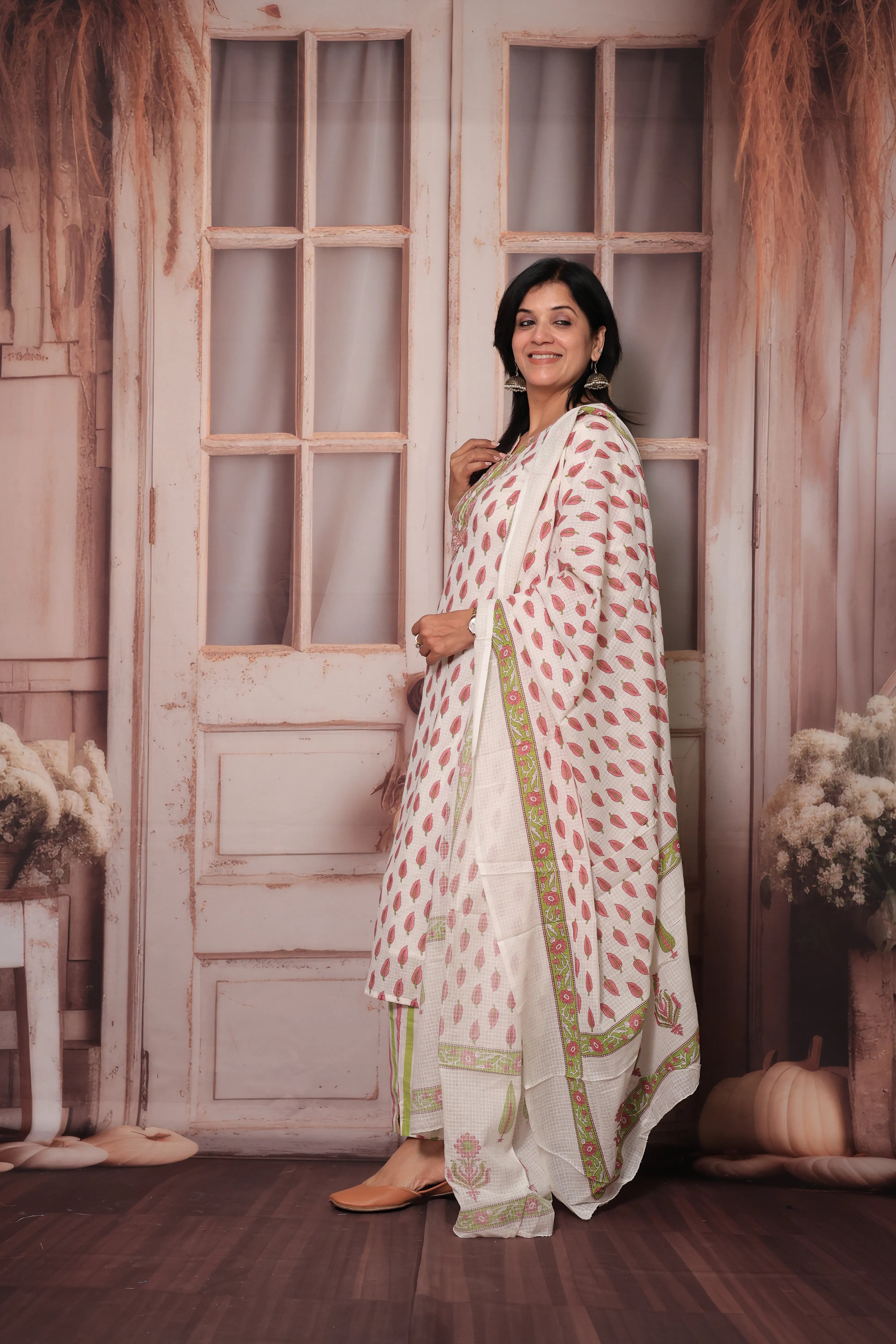Pink & White Hand Block Print Kurta Pant Set with Dupatta | Pure Cotton Ethnic Wear