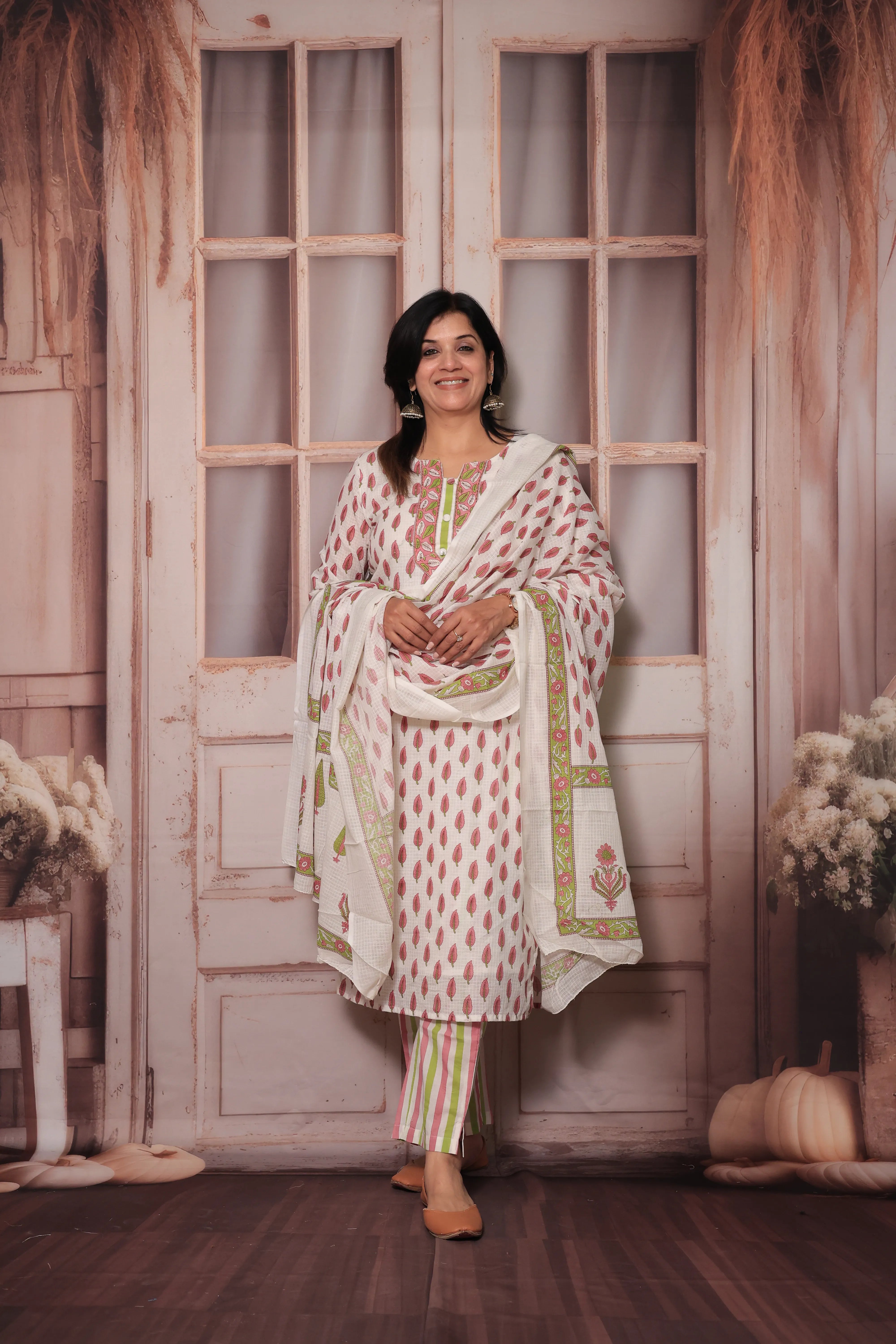 Pink & White Hand Block Print Kurta Pant Set with Dupatta | Pure Cotton Ethnic Wear