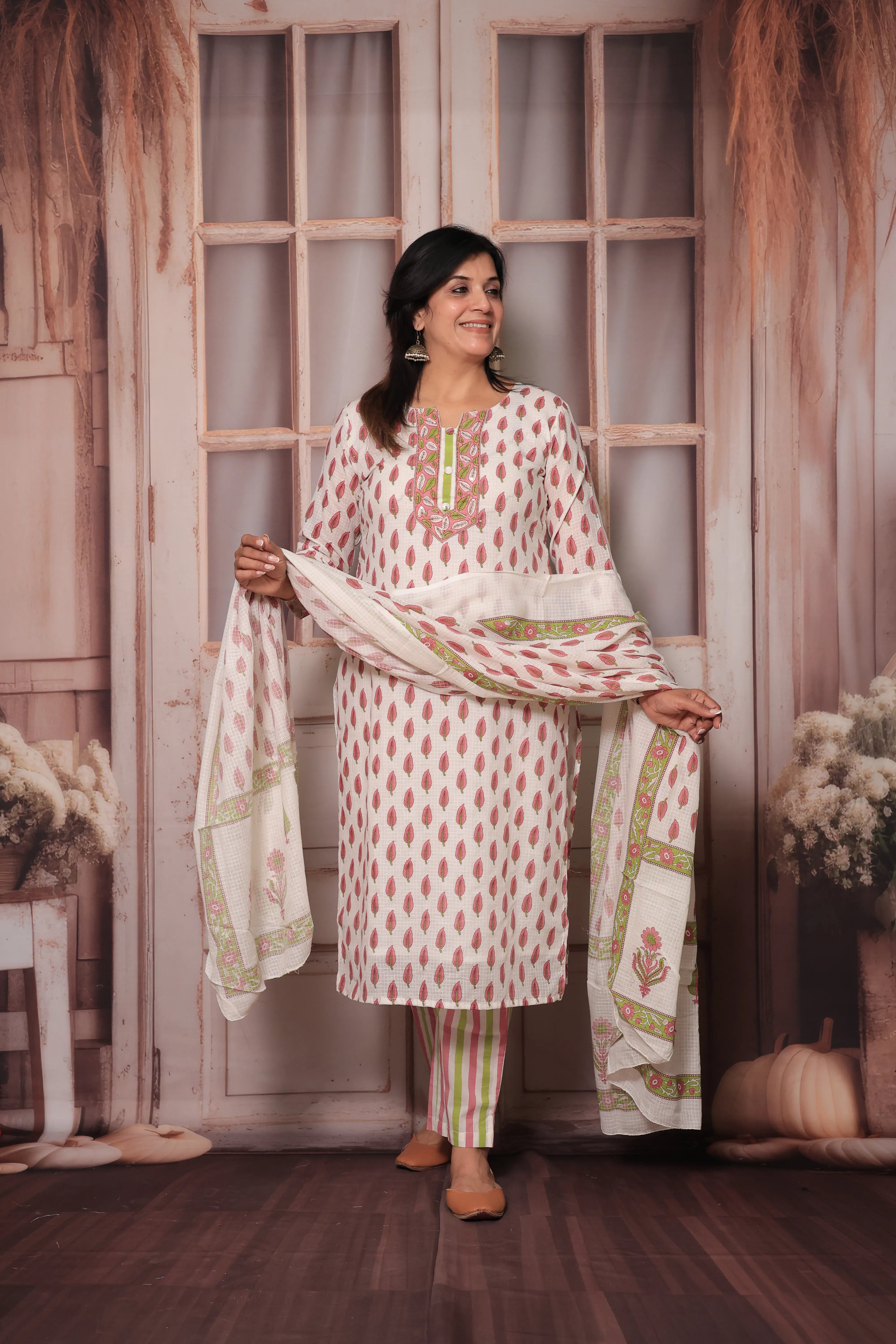 Pink & White Hand Block Print Kurta Pant Set with Dupatta | Pure Cotton Ethnic Wear