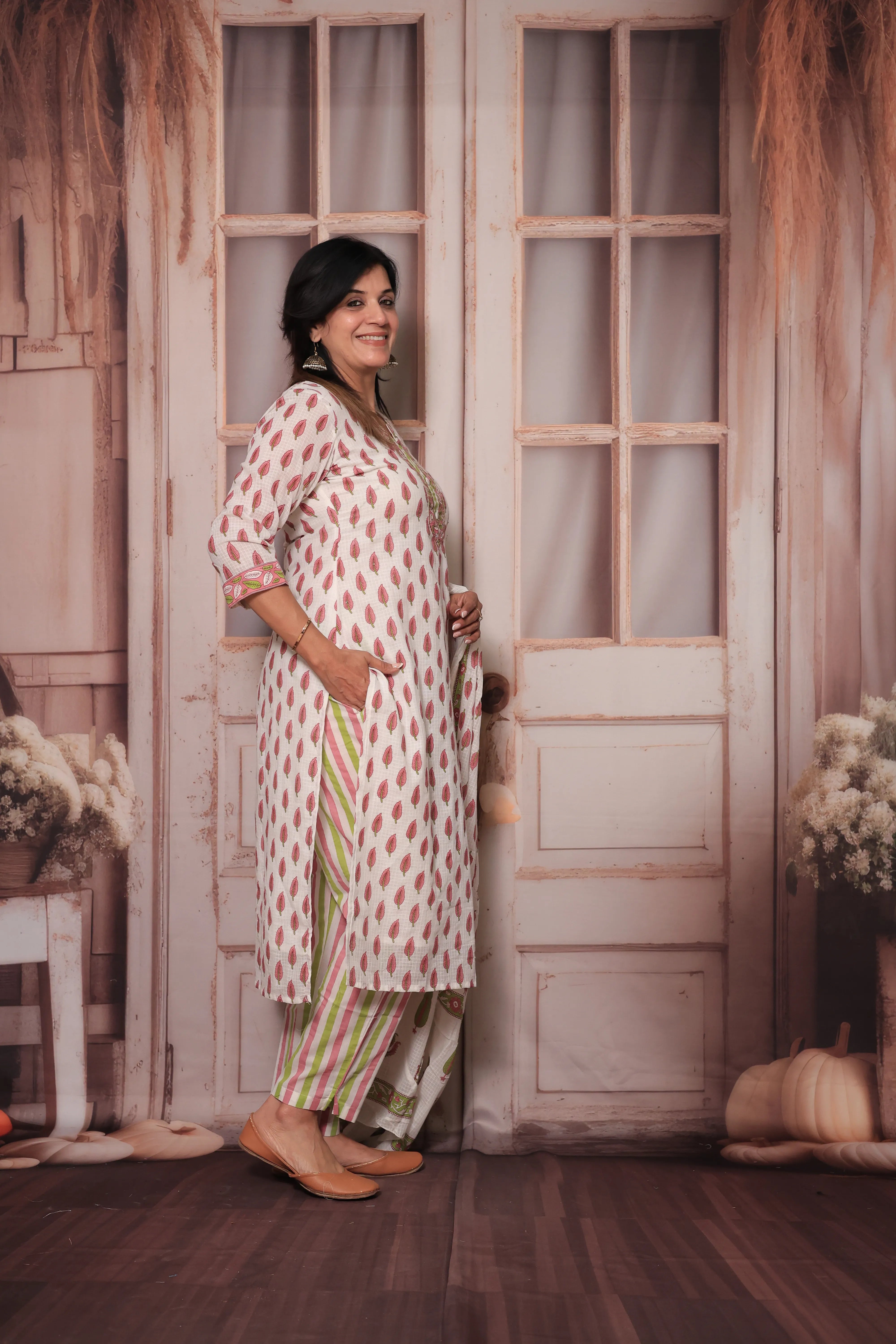 Pink & White Hand Block Print Kurta Pant Set with Dupatta | Pure Cotton Ethnic Wear