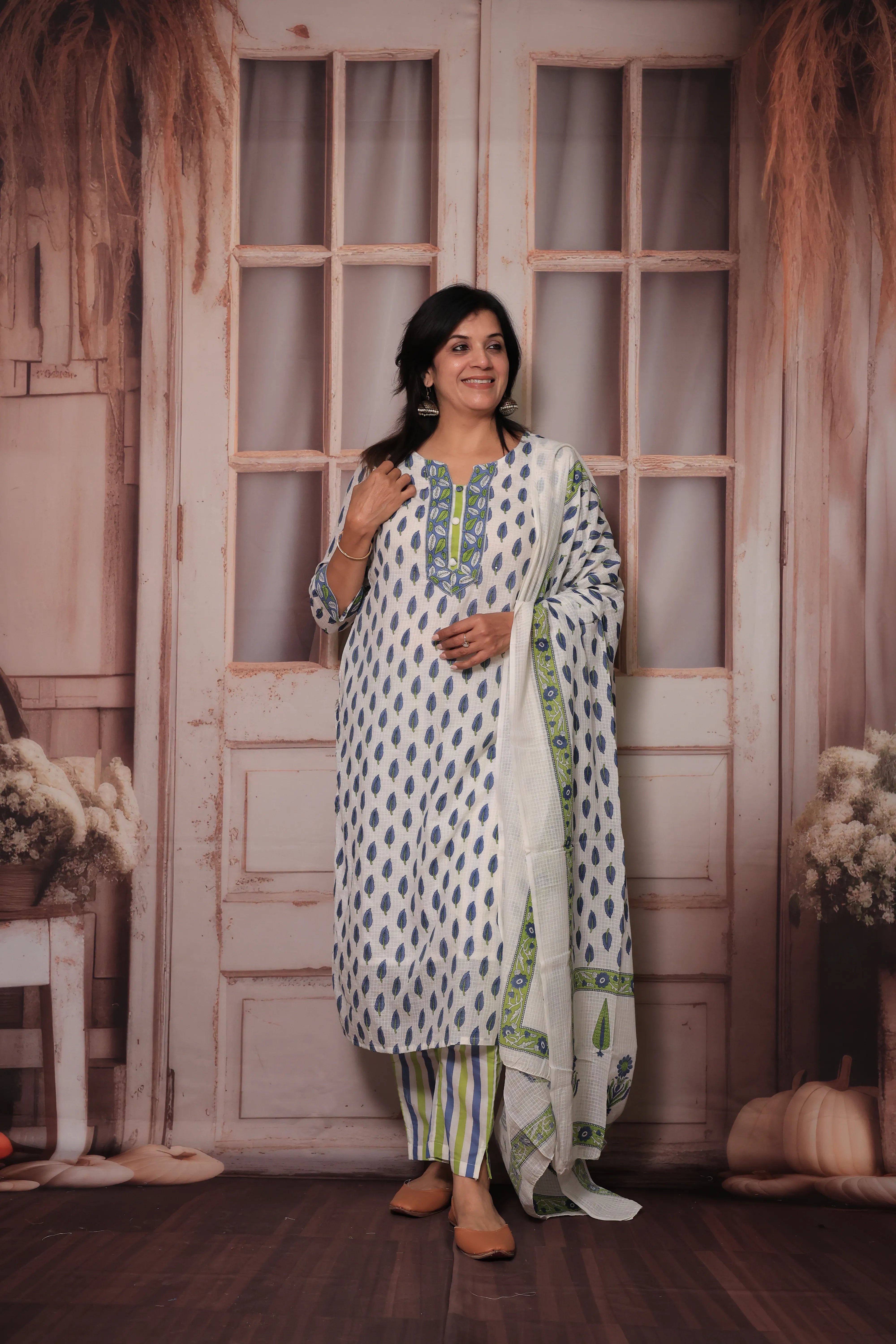 Blue & White Hand Block Print Kurta Pant Set with Dupatta | Pure Cotton Ethnic Wear