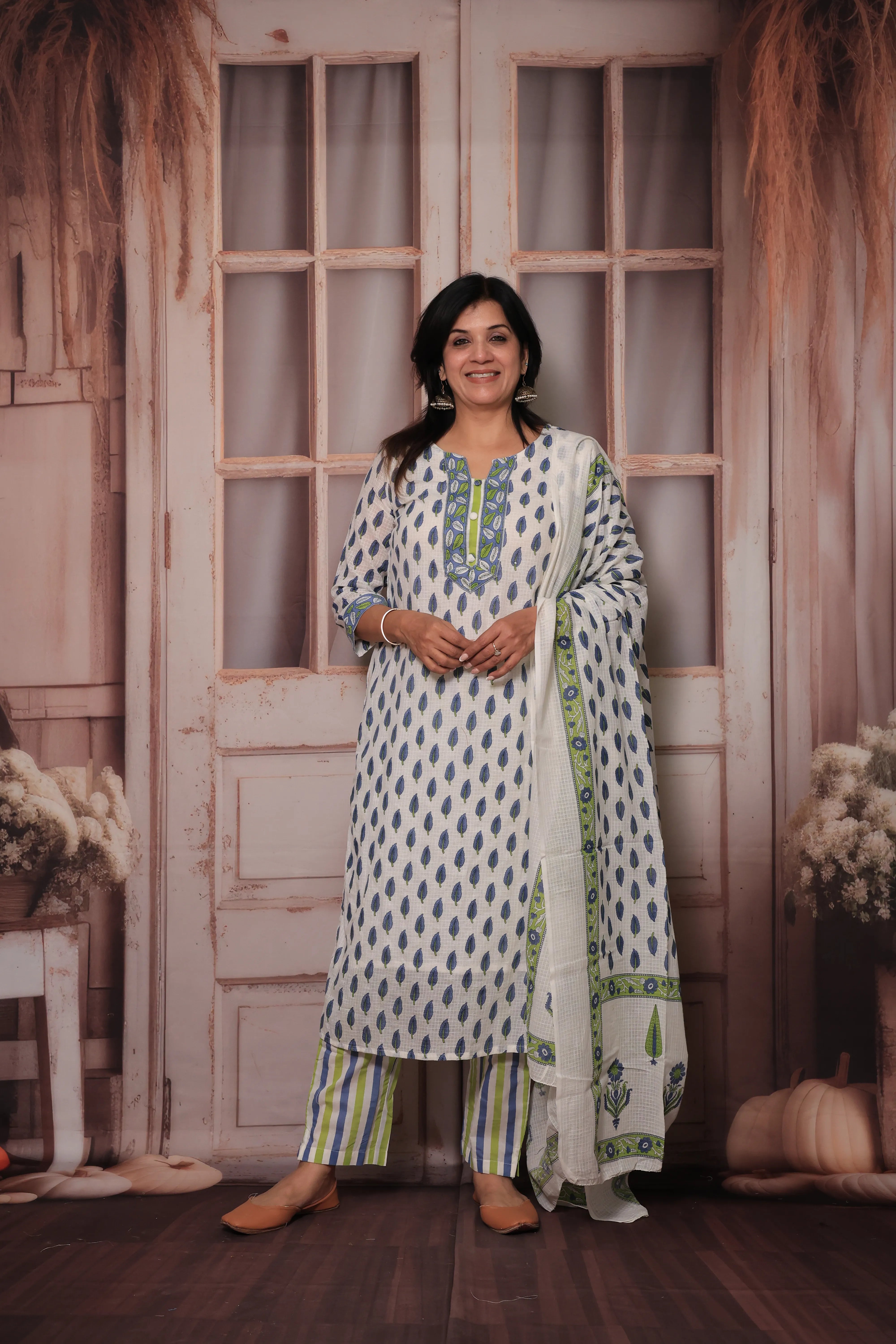 Blue & White Hand Block Print Kurta Pant Set with Dupatta | Pure Cotton Ethnic Wear