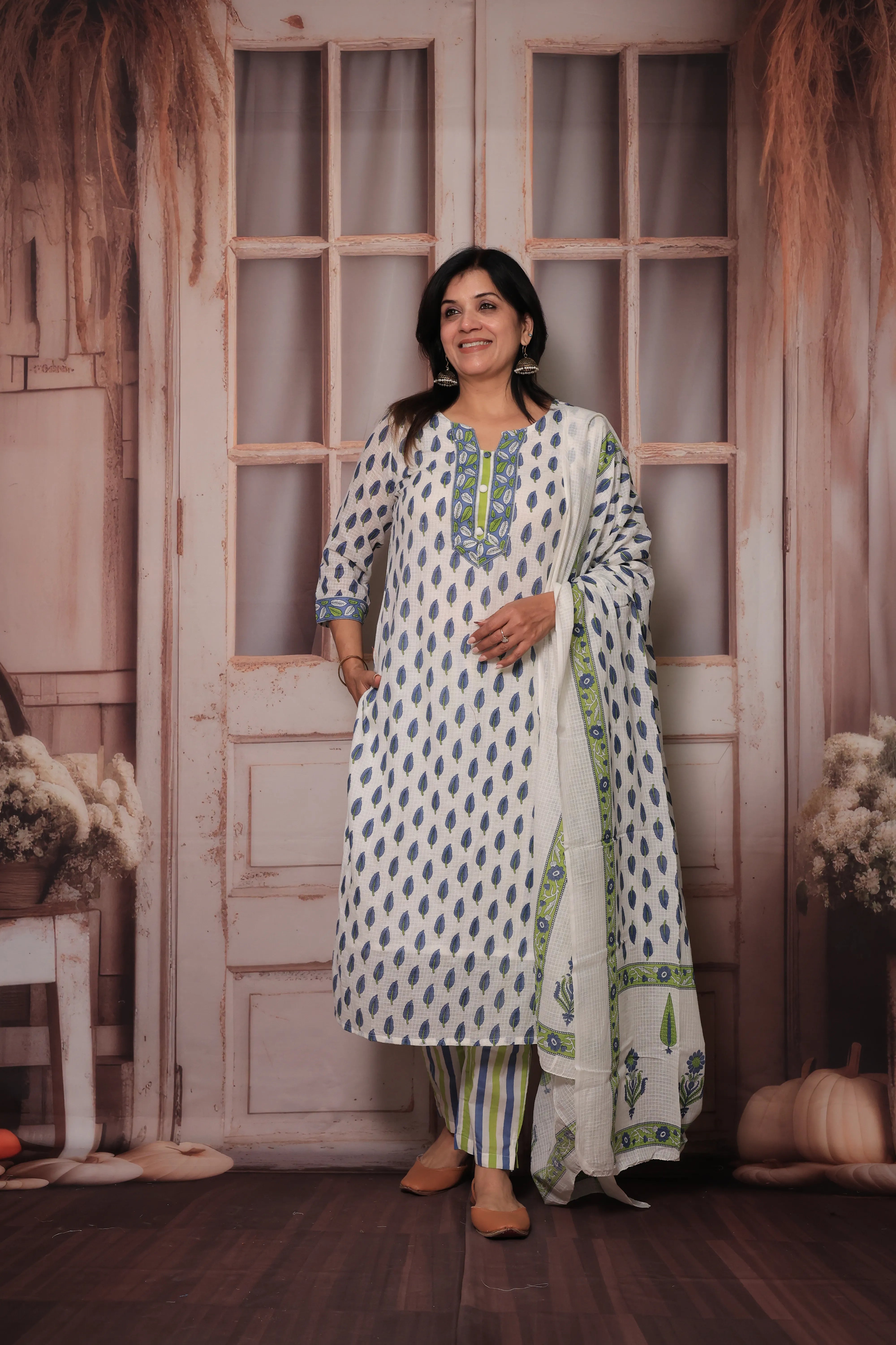 Blue & White Hand Block Print Kurta Pant Set with Dupatta | Pure Cotton Ethnic Wear
