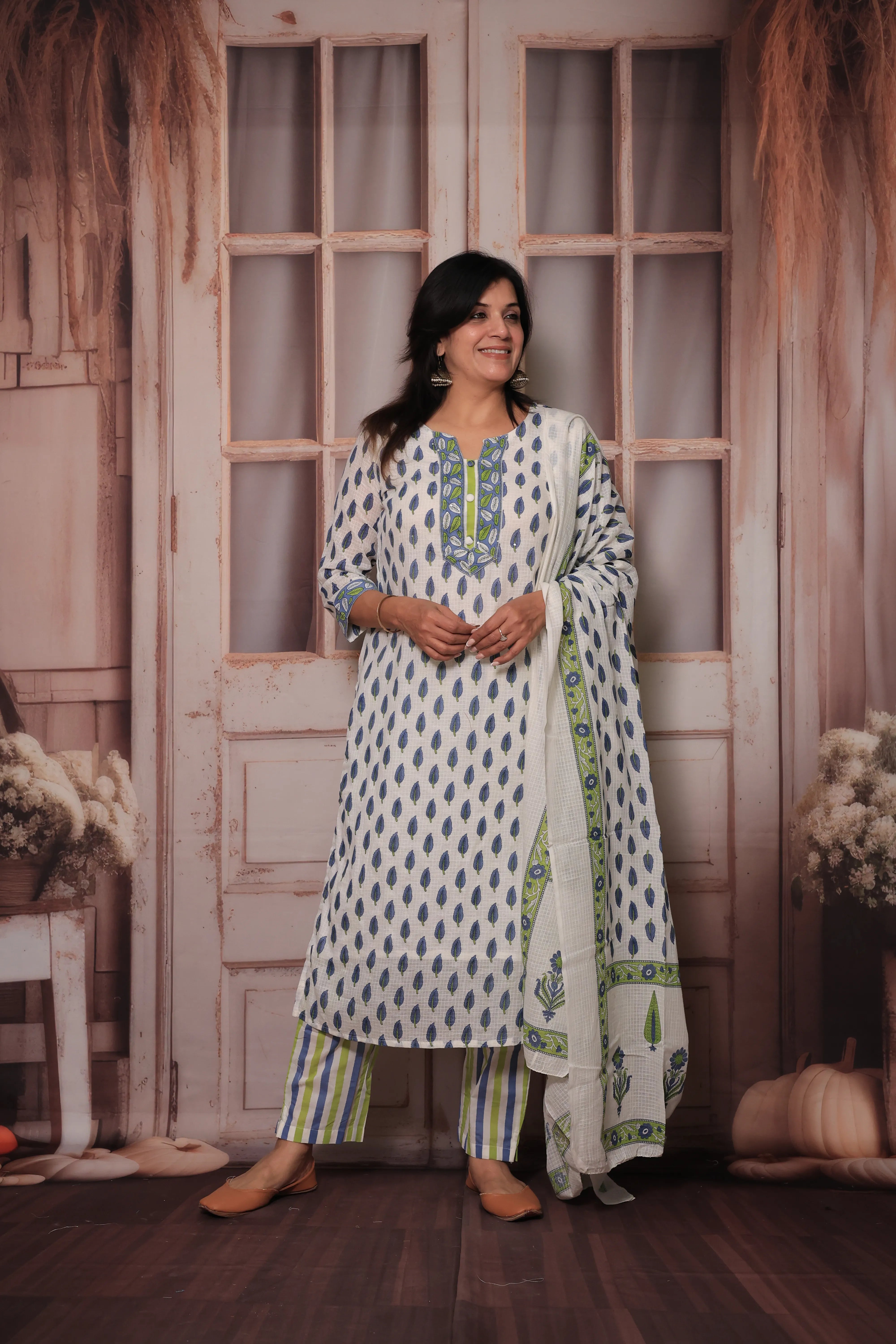 Blue & White Hand Block Print Kurta Pant Set with Dupatta | Pure Cotton Ethnic Wear
