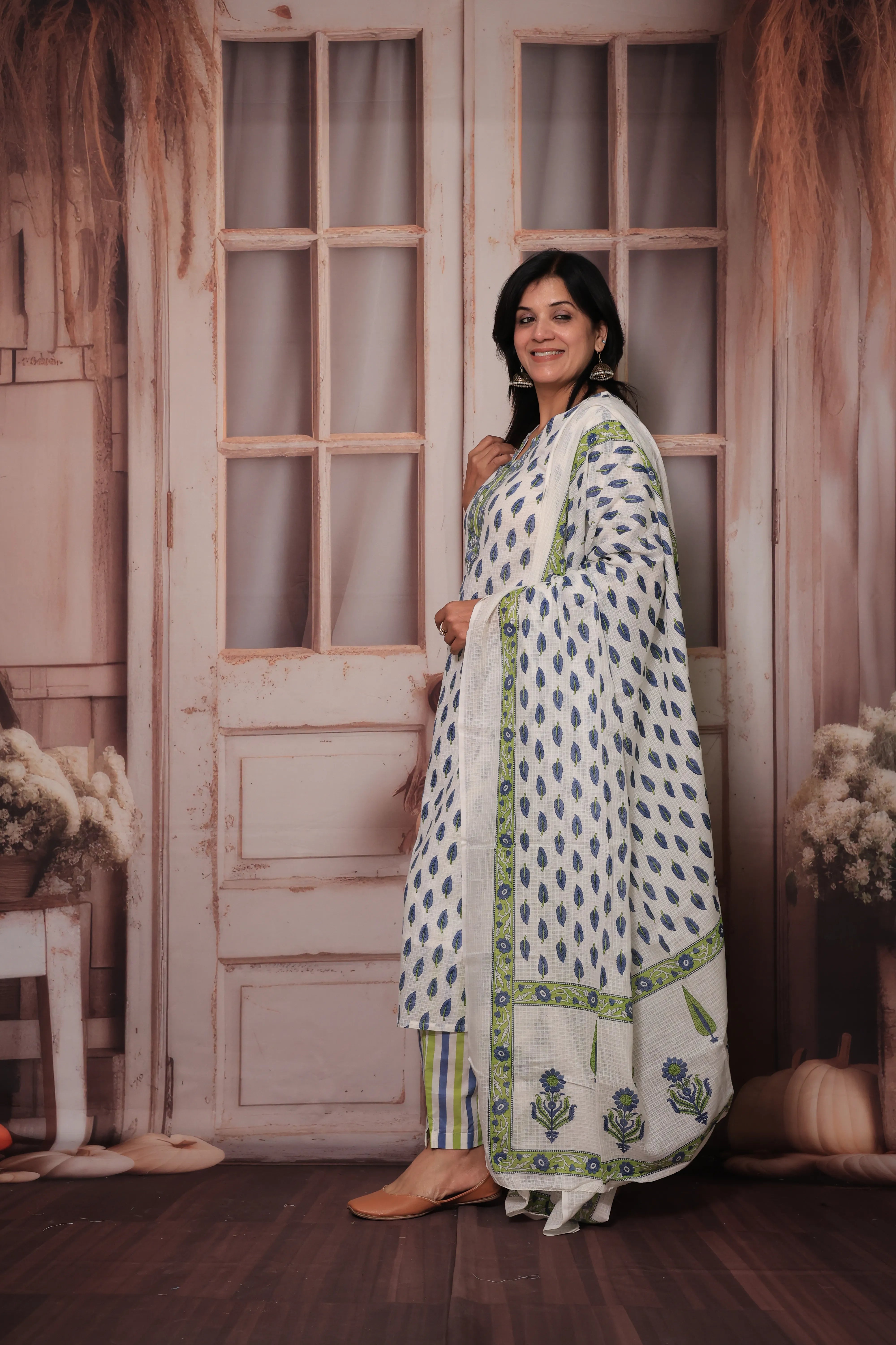 Blue & White Hand Block Print Kurta Pant Set with Dupatta | Pure Cotton Ethnic Wear