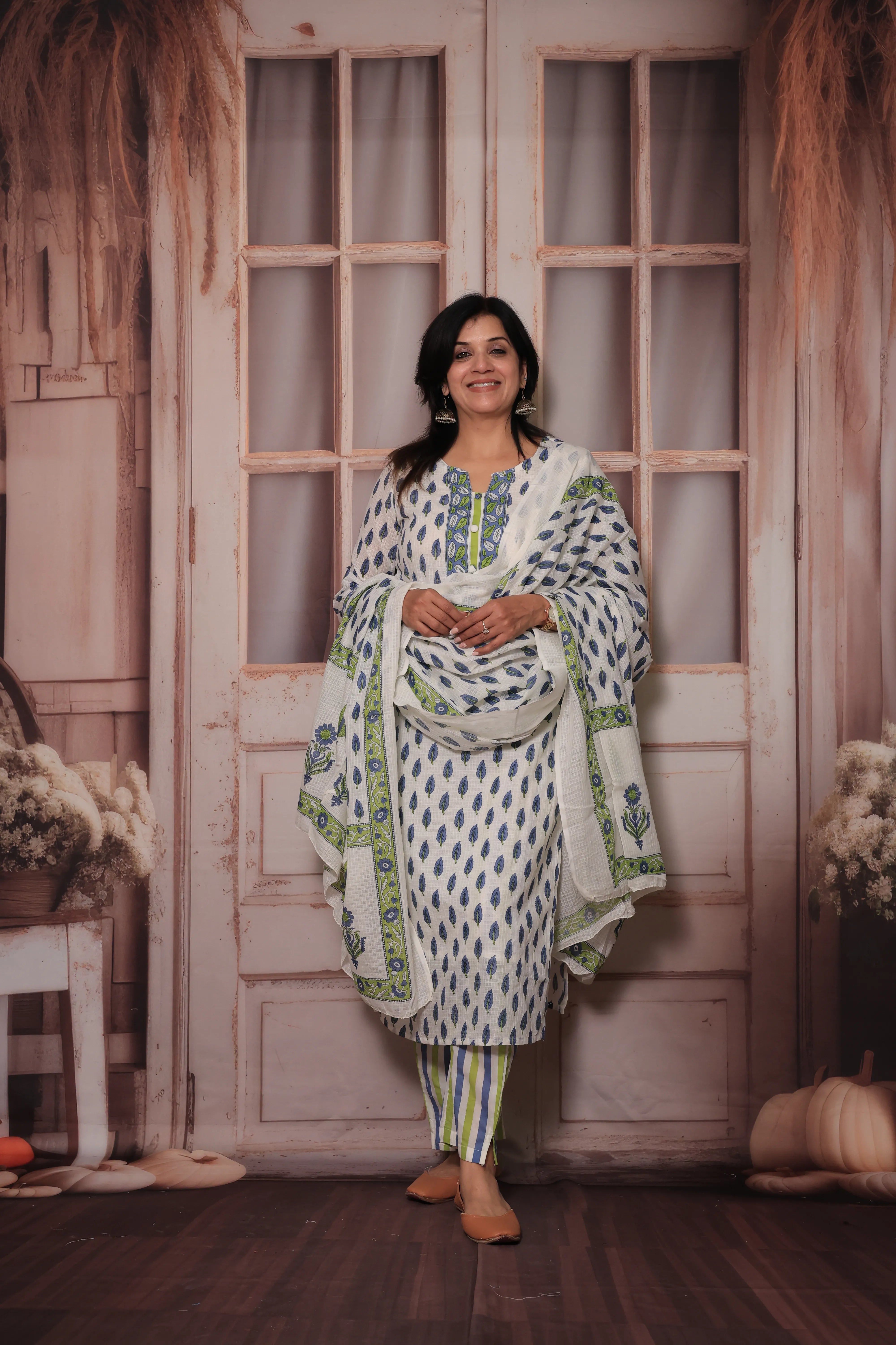 Blue & White Hand Block Print Kurta Pant Set with Dupatta | Pure Cotton Ethnic Wear