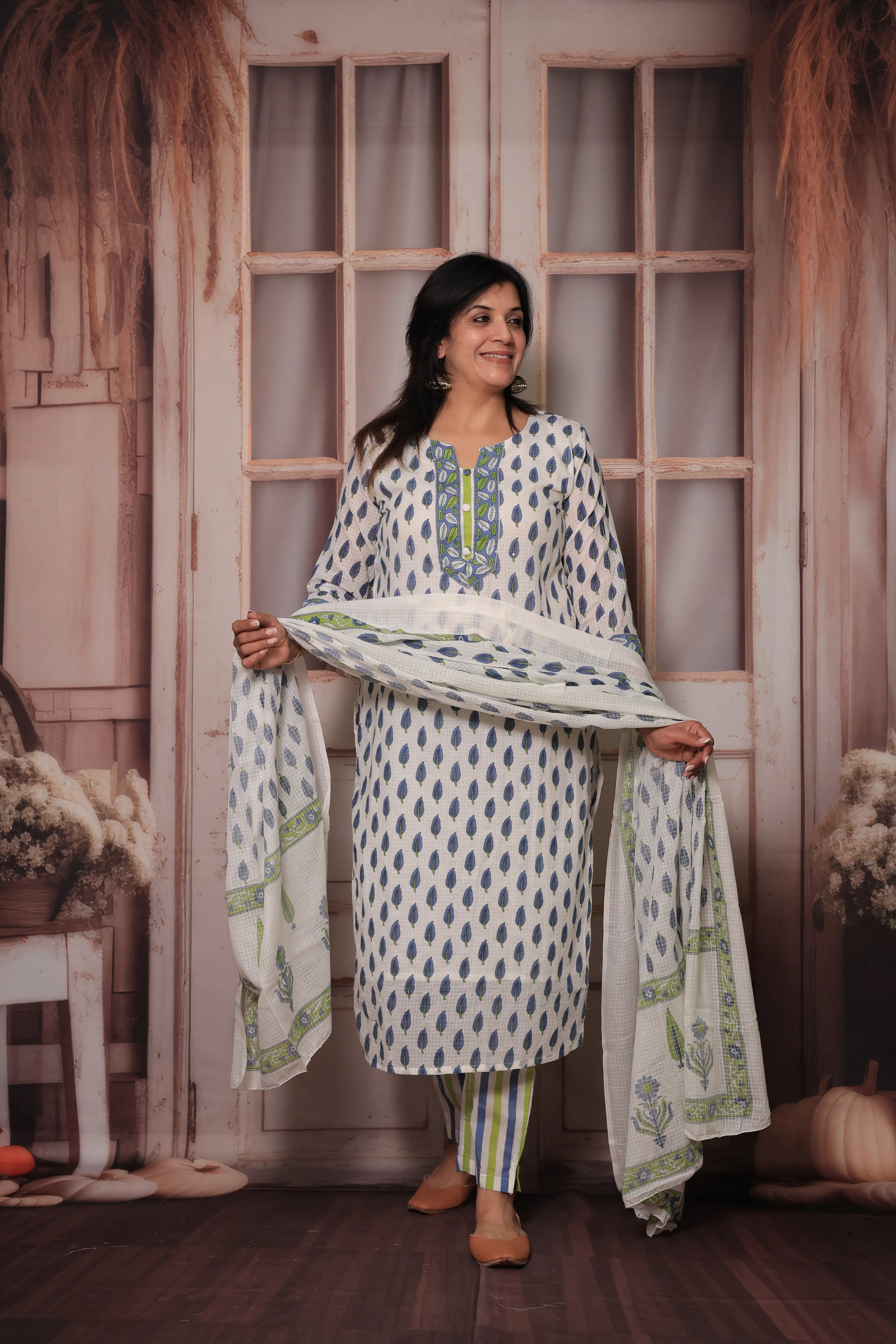Blue & White Hand Block Print Kurta Pant Set with Dupatta | Pure Cotton Ethnic Wear