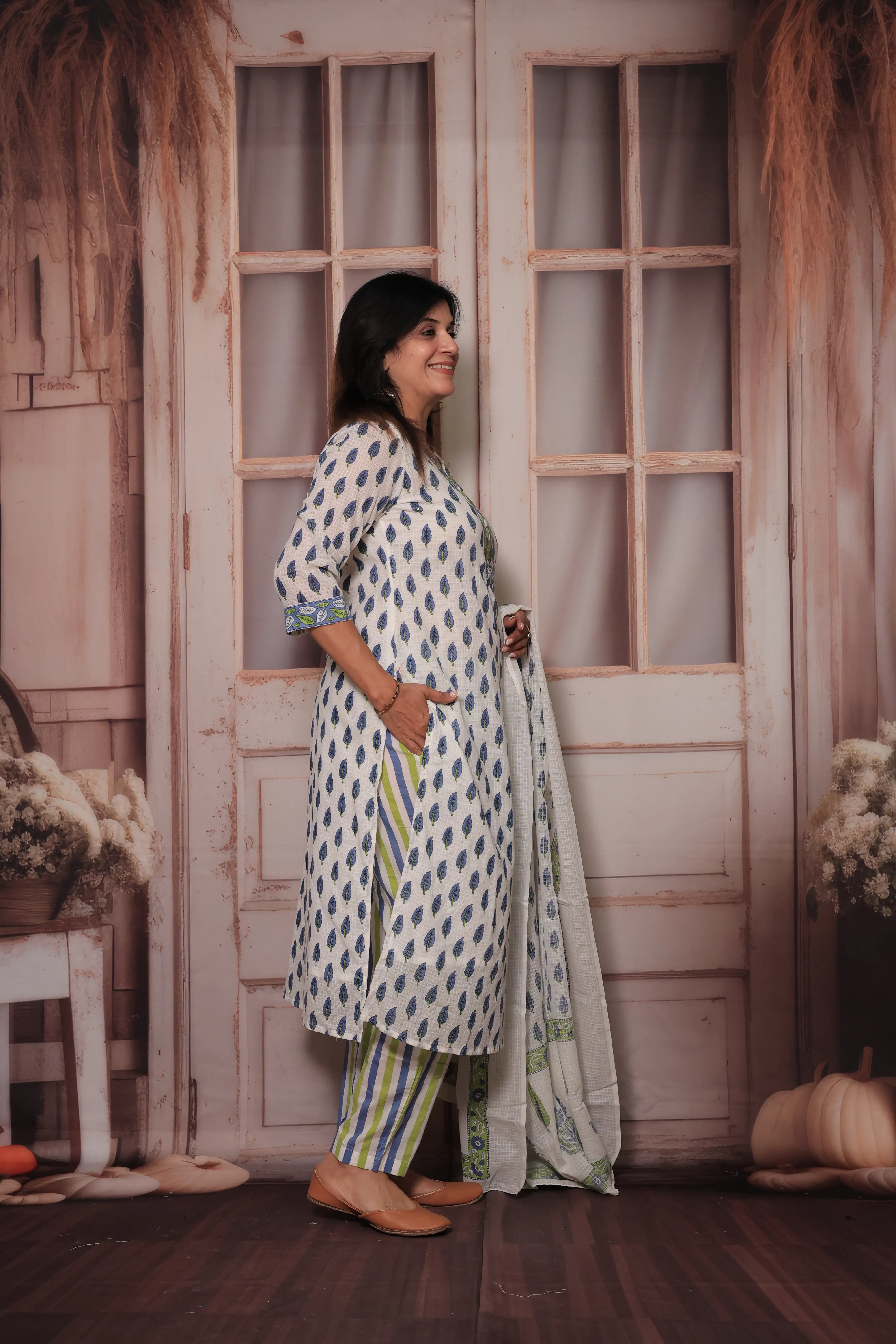 Blue & White Hand Block Print Kurta Pant Set with Dupatta | Pure Cotton Ethnic Wear